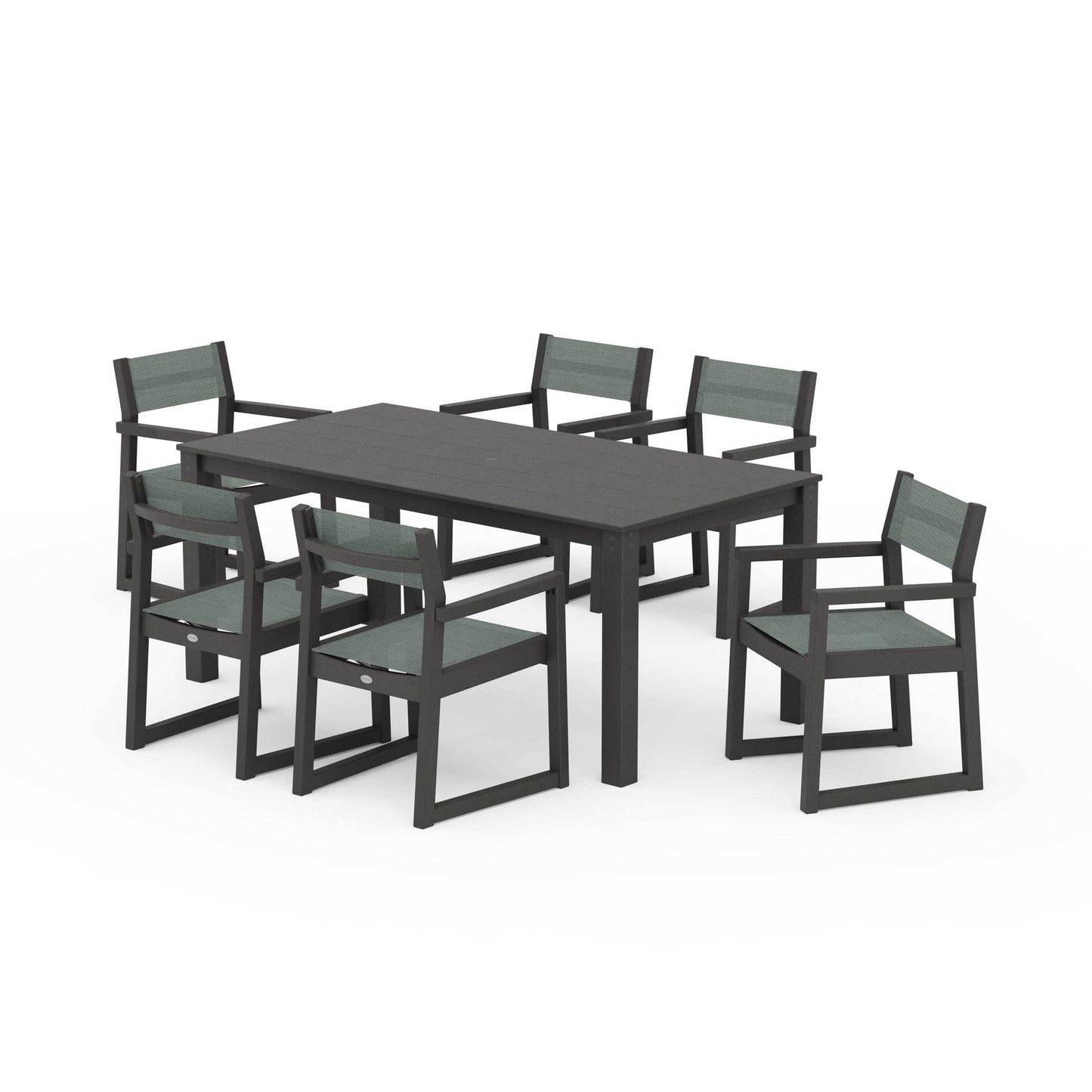 POLYWOOD EDGE Sling Arm Chair 7-Piece Parsons Dining Set — Vintage Coffee / Dupioni Sea Mist Sling