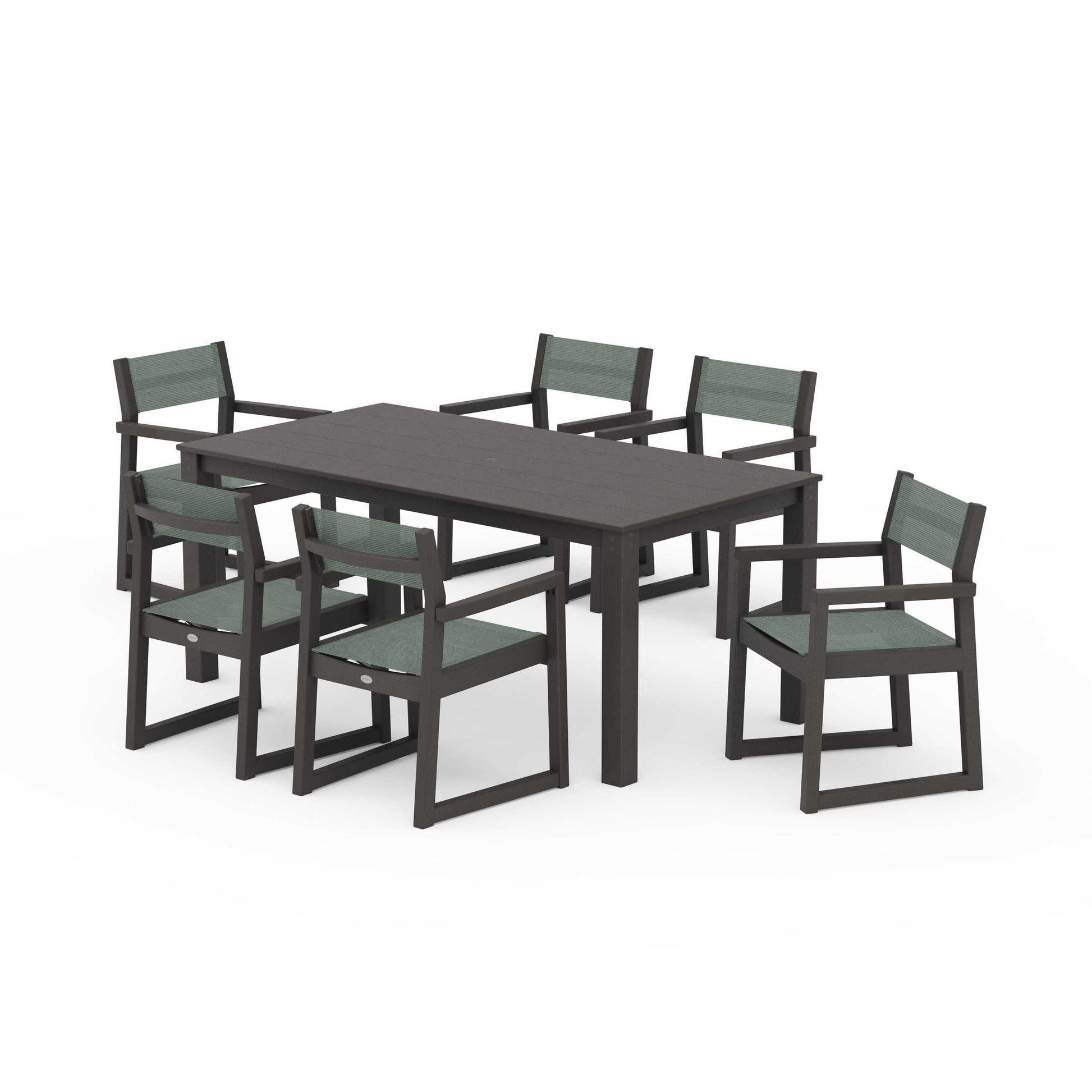 POLYWOOD EDGE Sling Arm Chair 7-Piece Parsons Dining Set — Vintage Coffee / Dupioni Sea Mist Sling