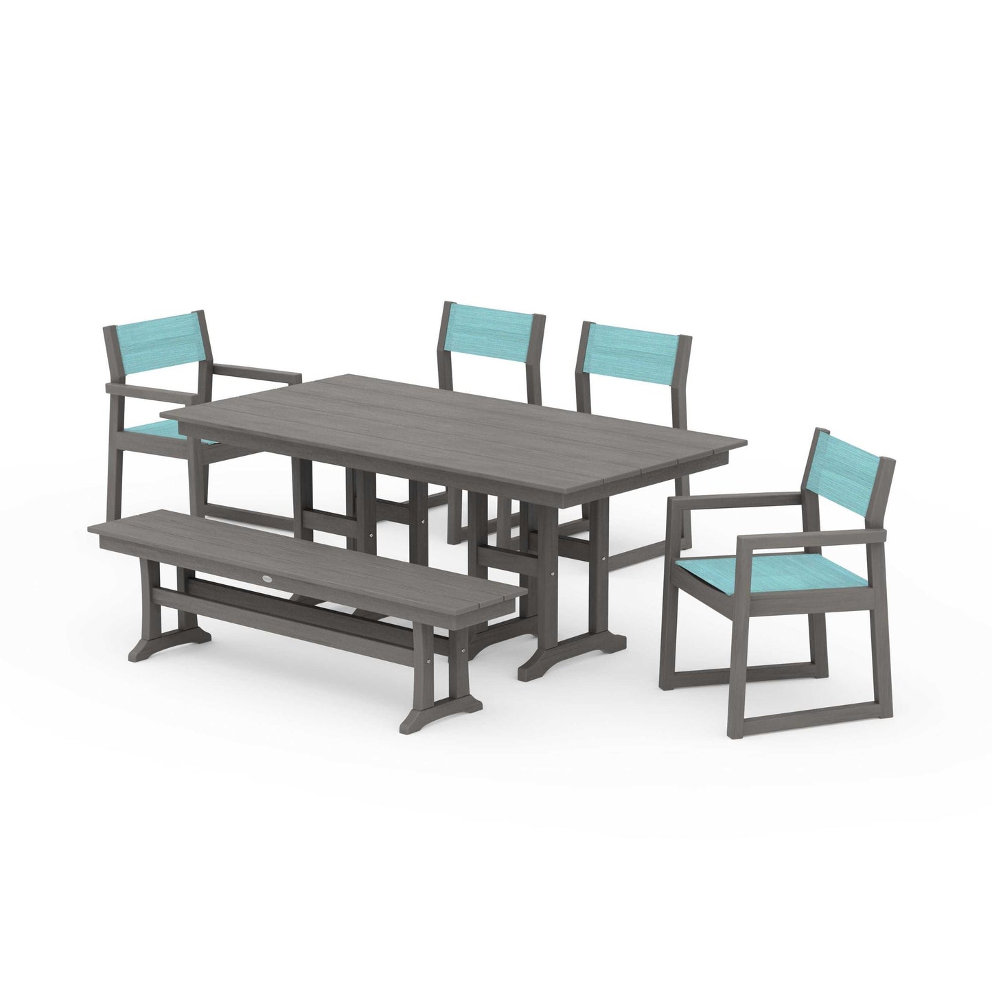 POLYWOOD EDGE Sling 6-Piece Farmhouse Dining Set — Driftwood / Dupioni Aquamarine Sling