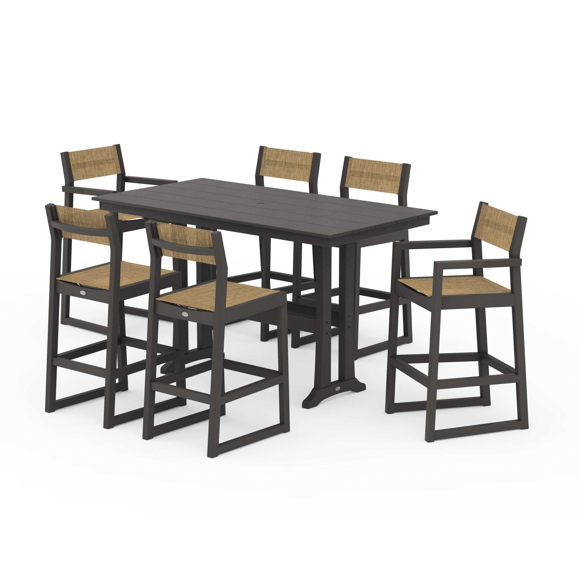 POLYWOOD EDGE Sling 7-Piece Farmhouse Bar Set with Trestle Legs — Vintage Coffee / Burlap Sling