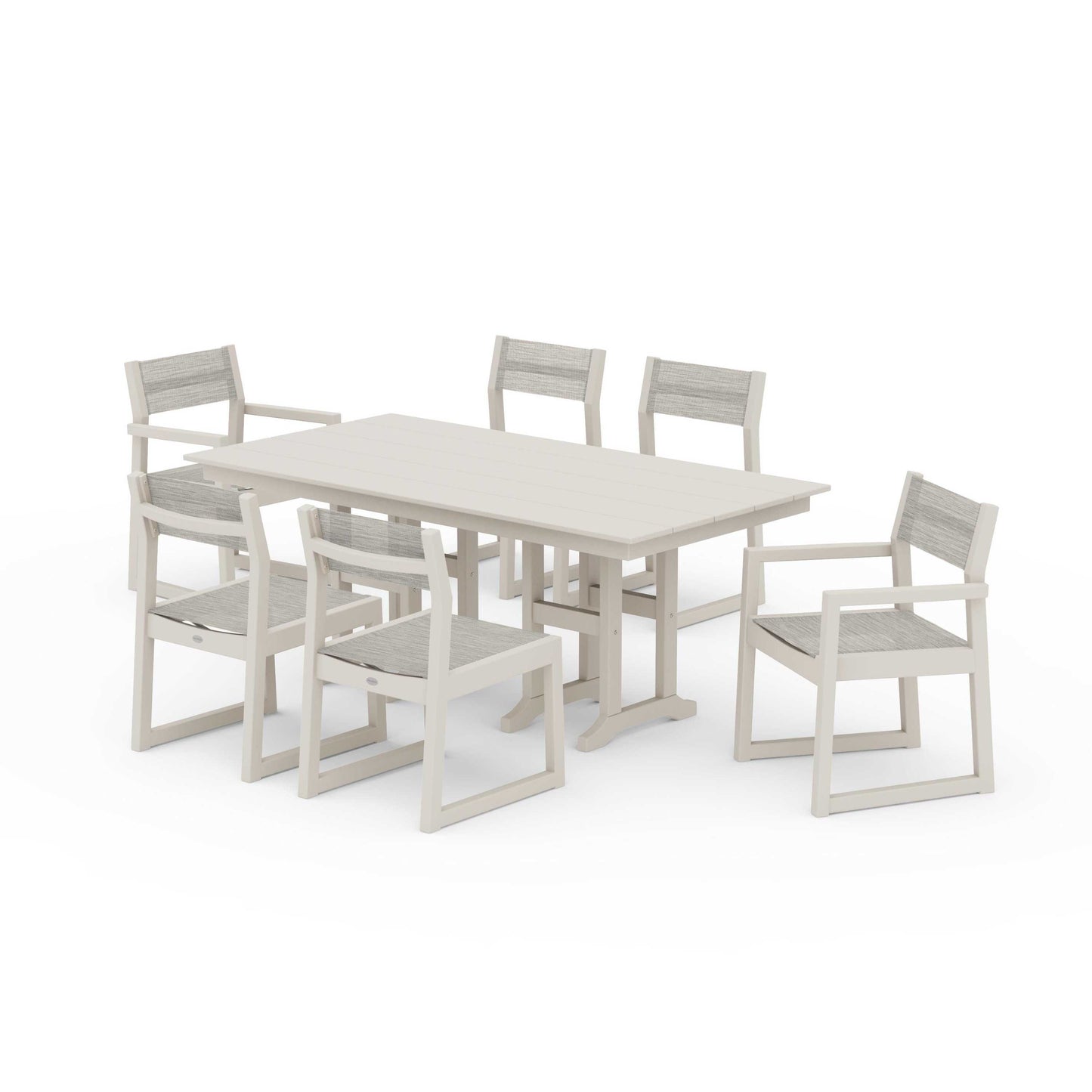 POLYWOOD EDGE Sling 7-Piece Farmhouse Dining Set — Sand / Birch Sling