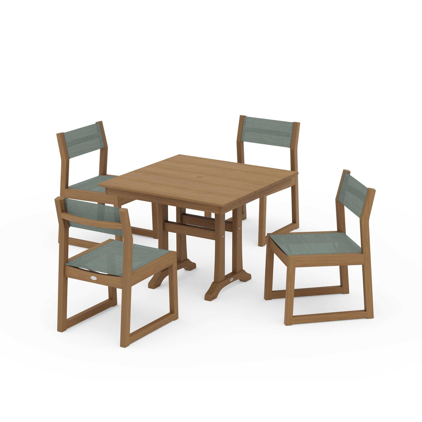 POLYWOOD EDGE Sling 5-Piece Farmhouse Trestle Side Chair Dining Set — Natural / Dupioni Sea Mist Sling