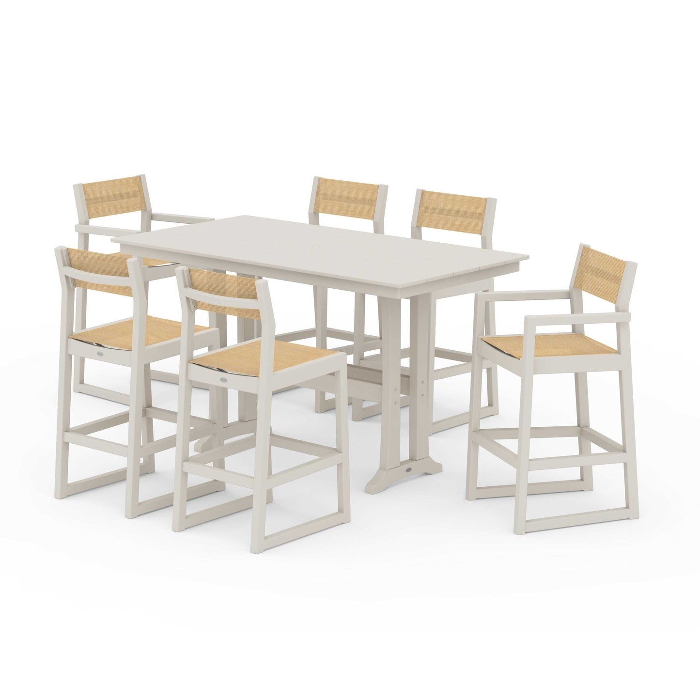 POLYWOOD EDGE Sling 7-Piece Farmhouse Bar Set with Trestle Legs — Sand / Dupioni Apricot Sling