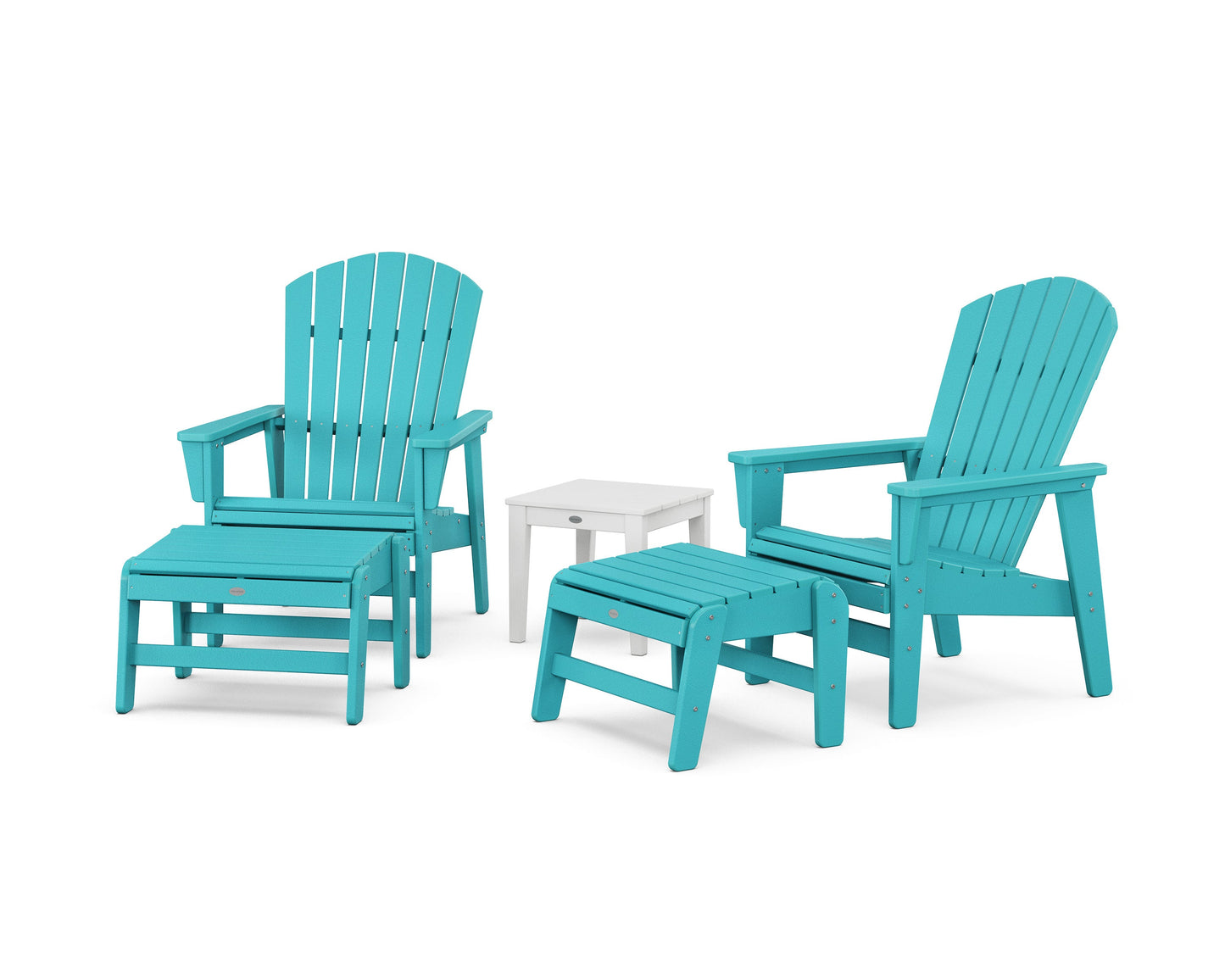 POLYWOOD 5-Piece Nautical Grand Upright Adirondack Set with Ottomans and Side Table — Aruba / White