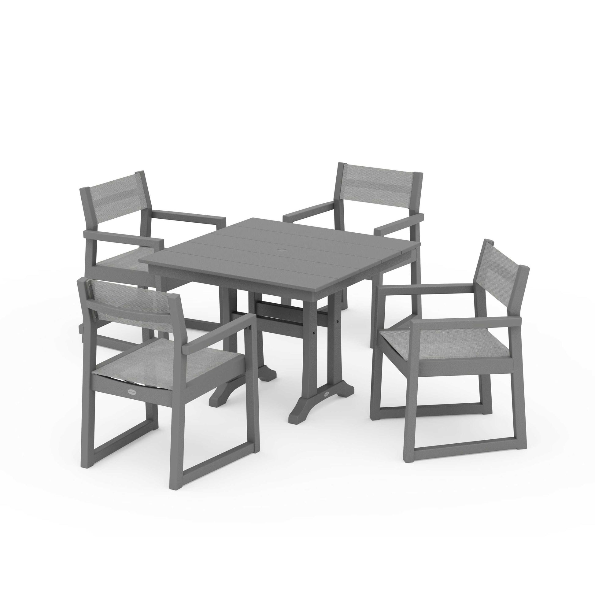 POLYWOOD EDGE Sling 5-Piece Farmhouse Dining Set with Trestle Legs — Slate Grey / Metallic Sling