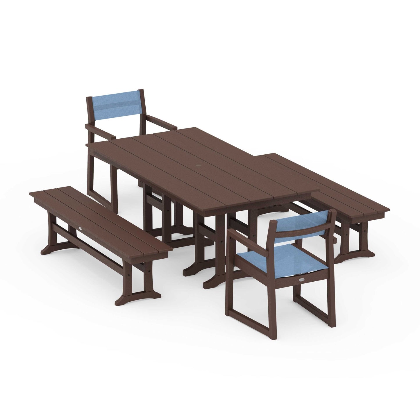 POLYWOOD EDGE Sling Arm Chair 5-Piece Farmhouse Dining Set with Benches — Mahogany / Poolside Sling