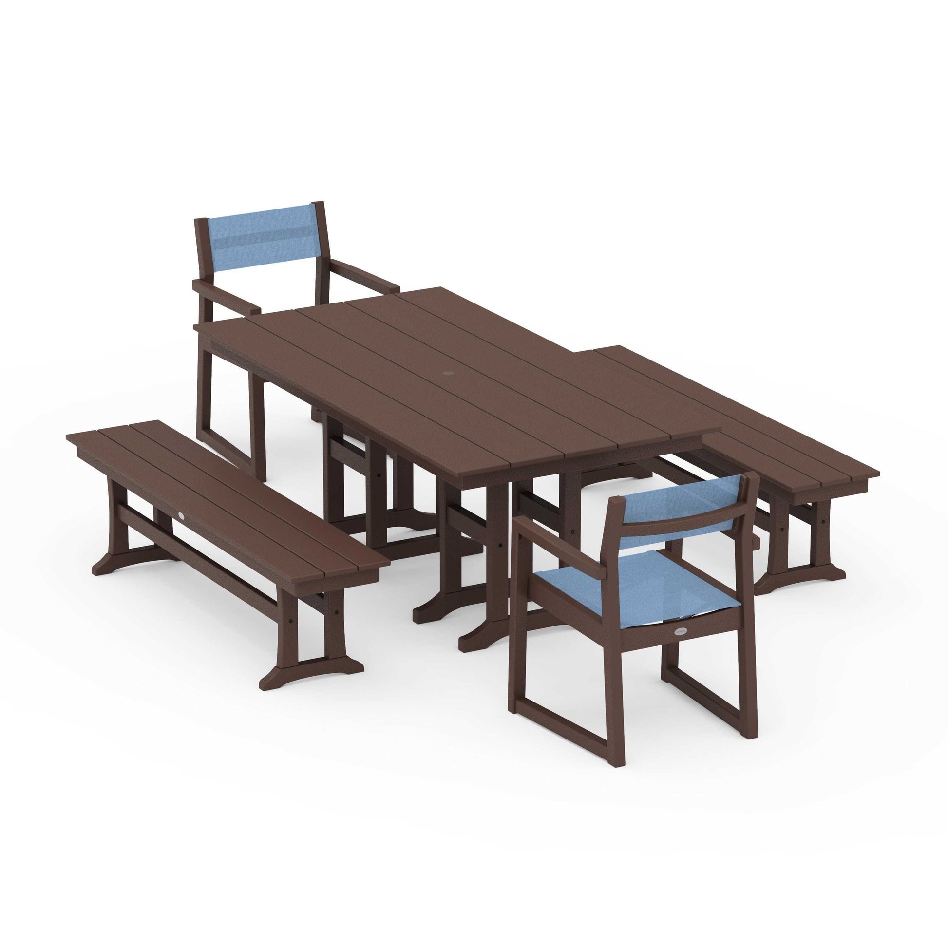 POLYWOOD EDGE Sling Arm Chair 5-Piece Farmhouse Dining Set with Benches — Mahogany / Poolside Sling