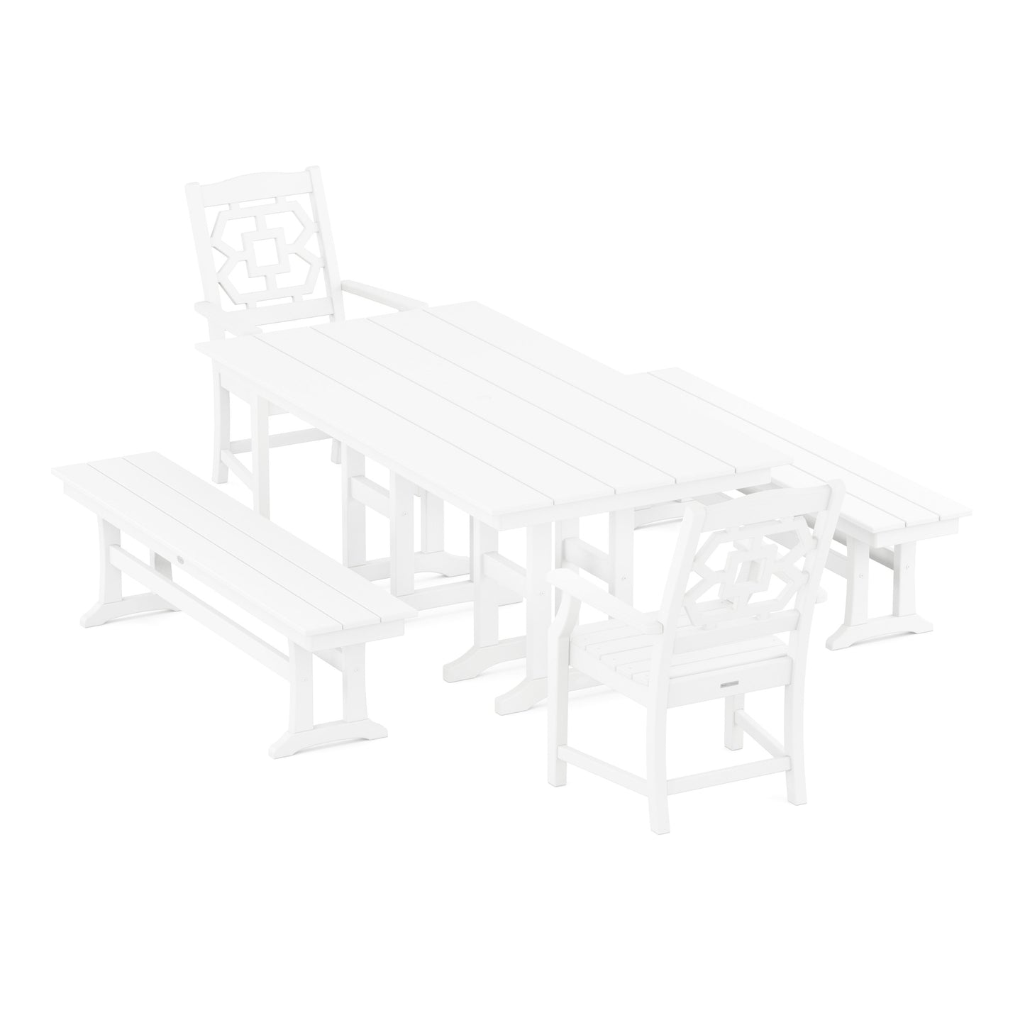 POLYWOOD Chinoiserie 5-Piece Farmhouse Dining Set with Benches — White