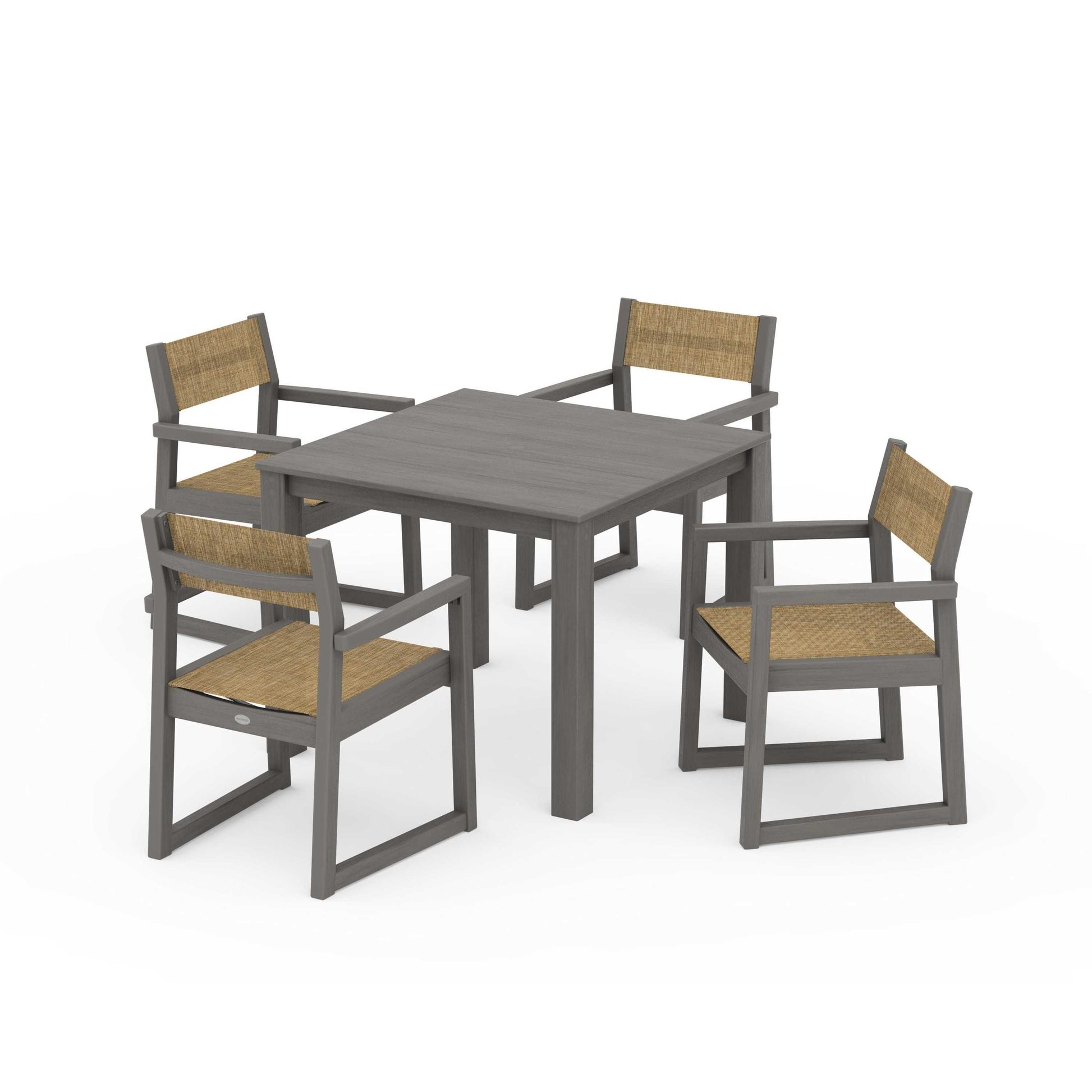 POLYWOOD EDGE Sling Arm Chair 5-Piece Parsons Dining Set — Driftwood / Burlap Sling