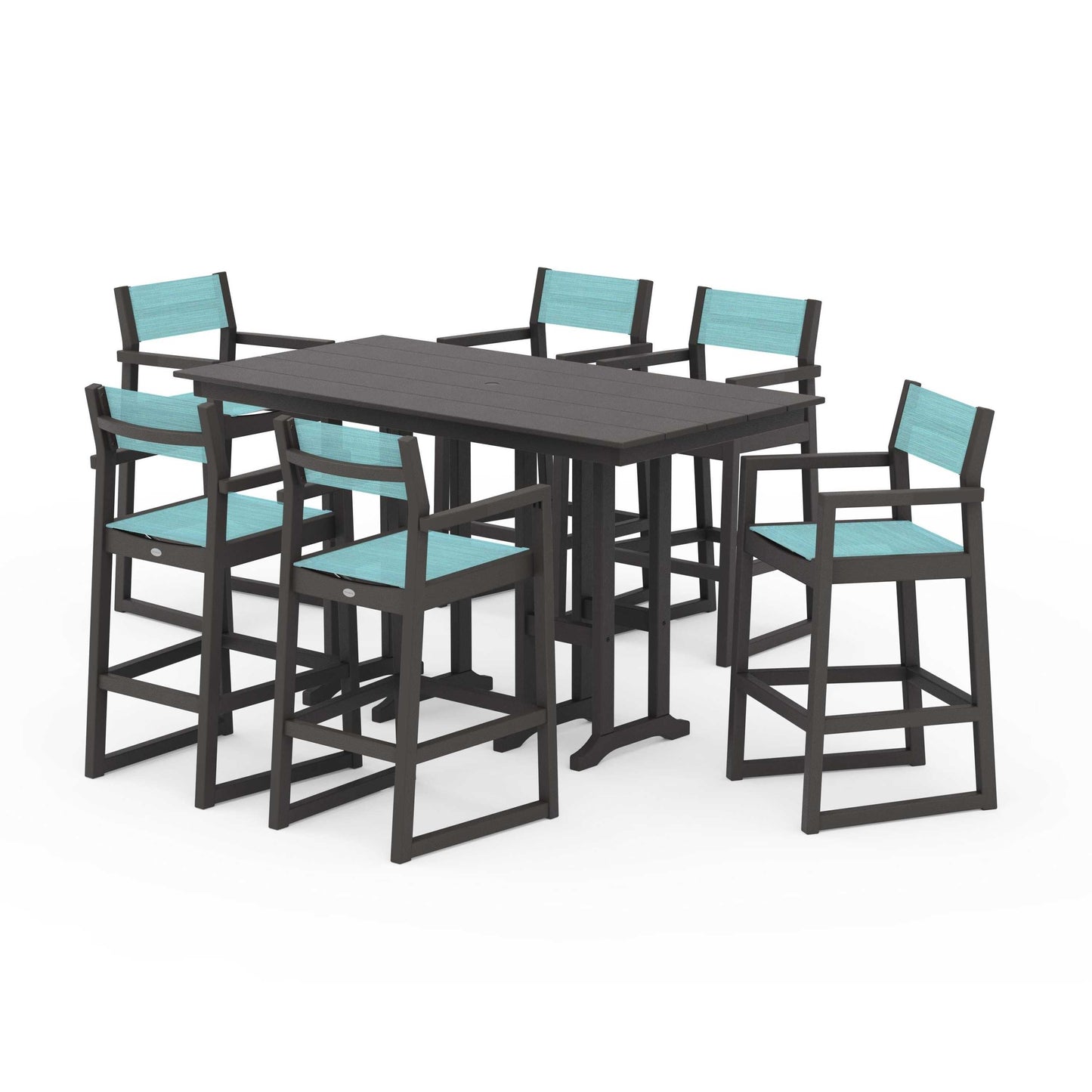 POLYWOOD EDGE Sling Arm Chair 7-Piece Farmhouse Bar Set — Vintage Coffee / Dupioni Aquamarine Sling
