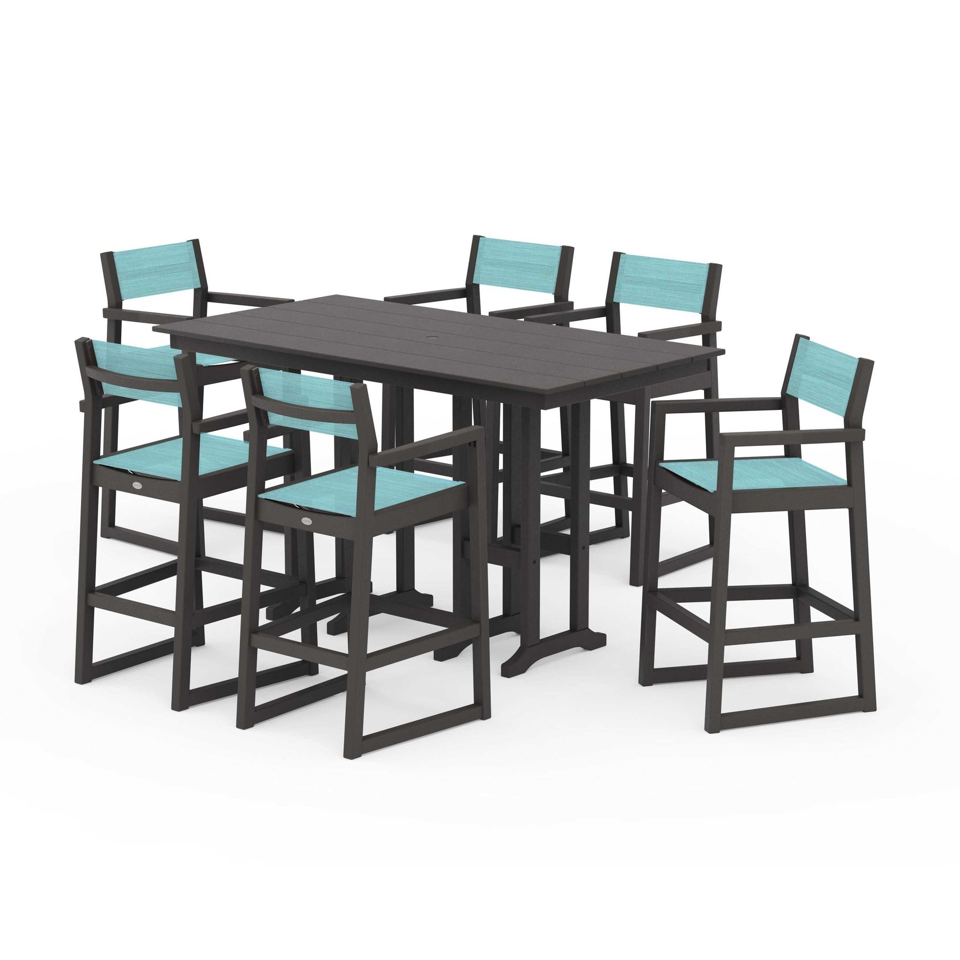 POLYWOOD EDGE Sling Arm Chair 7-Piece Farmhouse Bar Set — Vintage Coffee / Dupioni Aquamarine Sling