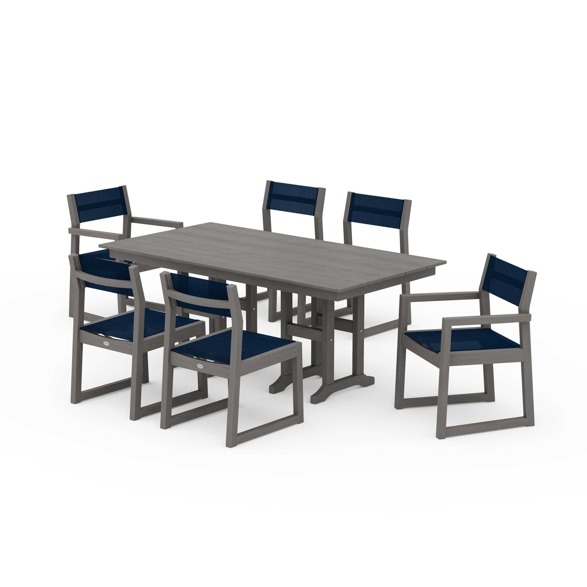 POLYWOOD EDGE Sling 7-Piece Farmhouse Dining Set — Driftwood / Navy Blue Sling
