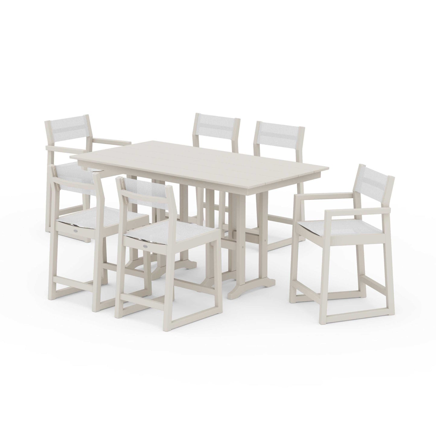 POLYWOOD EDGE Sling 7-Piece Farmhouse Counter Set with Trestle Legs — Sand / White Sling