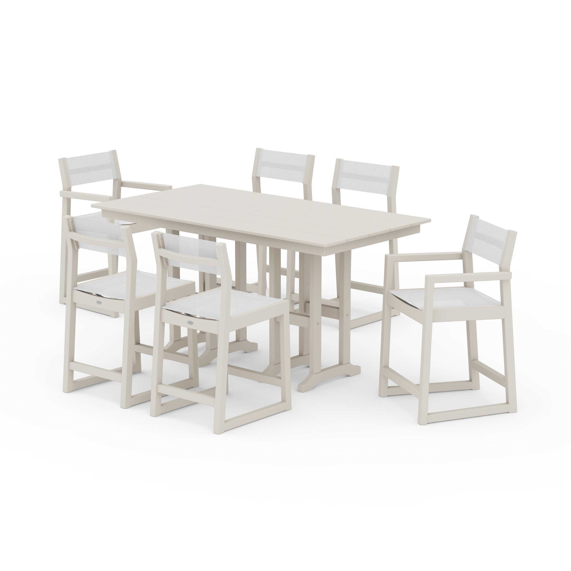 POLYWOOD EDGE Sling 7-Piece Farmhouse Counter Set with Trestle Legs — Sand / White Sling