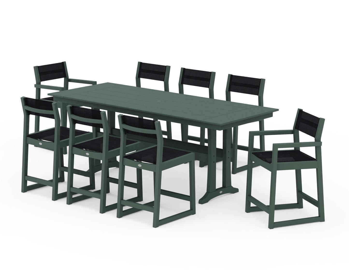 POLYWOOD EDGE Sling 9-Piece Farmhouse Counter Set with Trestle Legs — Green / Black Sling
