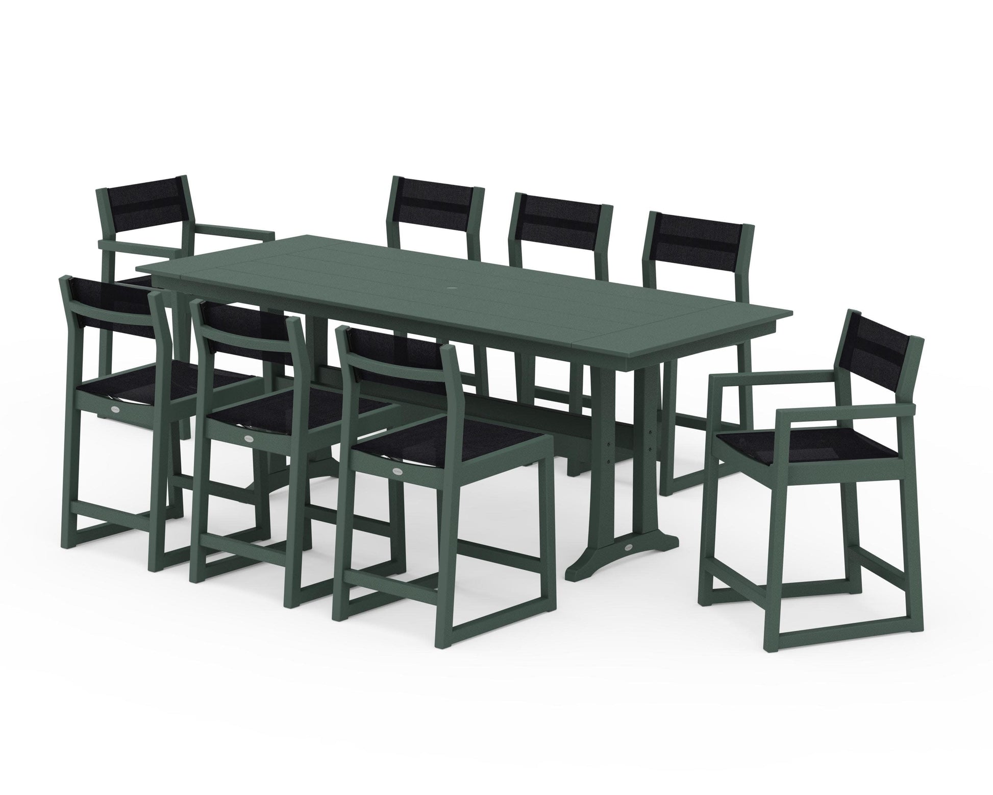 POLYWOOD EDGE Sling 9-Piece Farmhouse Counter Set with Trestle Legs — Green / Black Sling