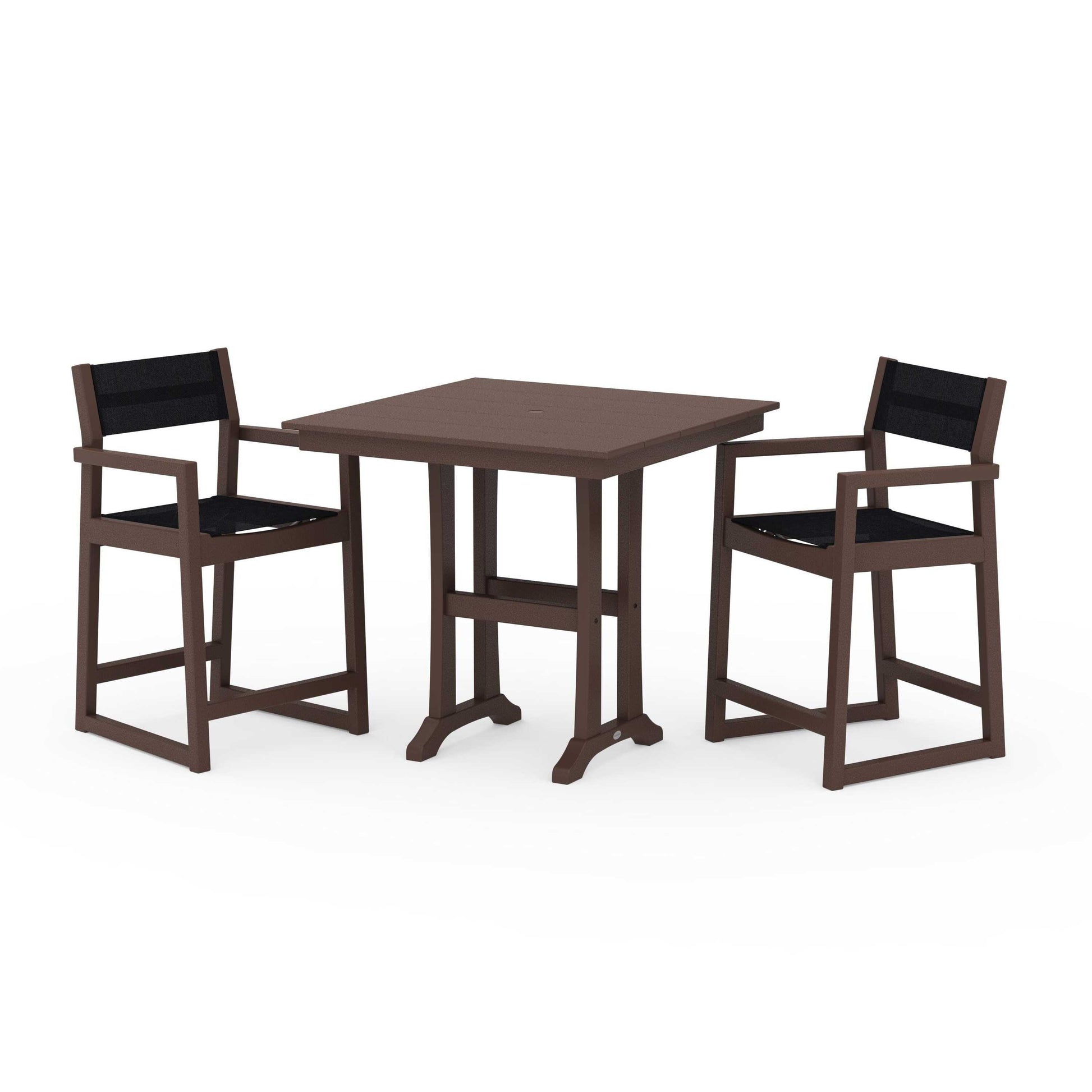 POLYWOOD EDGE Sling Arm Chair 3-Piece Farmhouse Counter Set with Trestle Legs — Mahogany / Black Sling