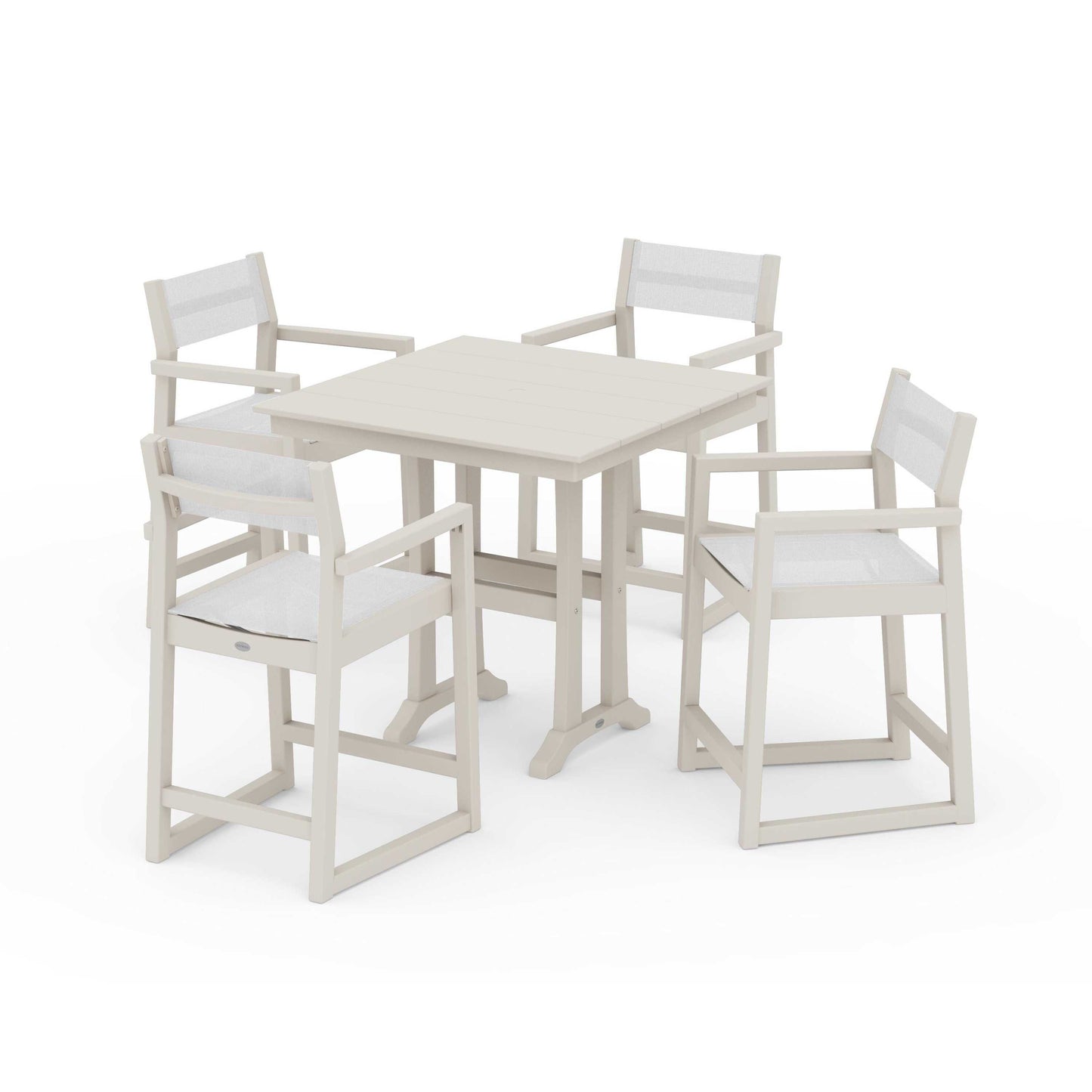POLYWOOD EDGE Sling Arm Chair 5-Piece Farmhouse Counter Set with Trestle Legs — Sand / White Sling