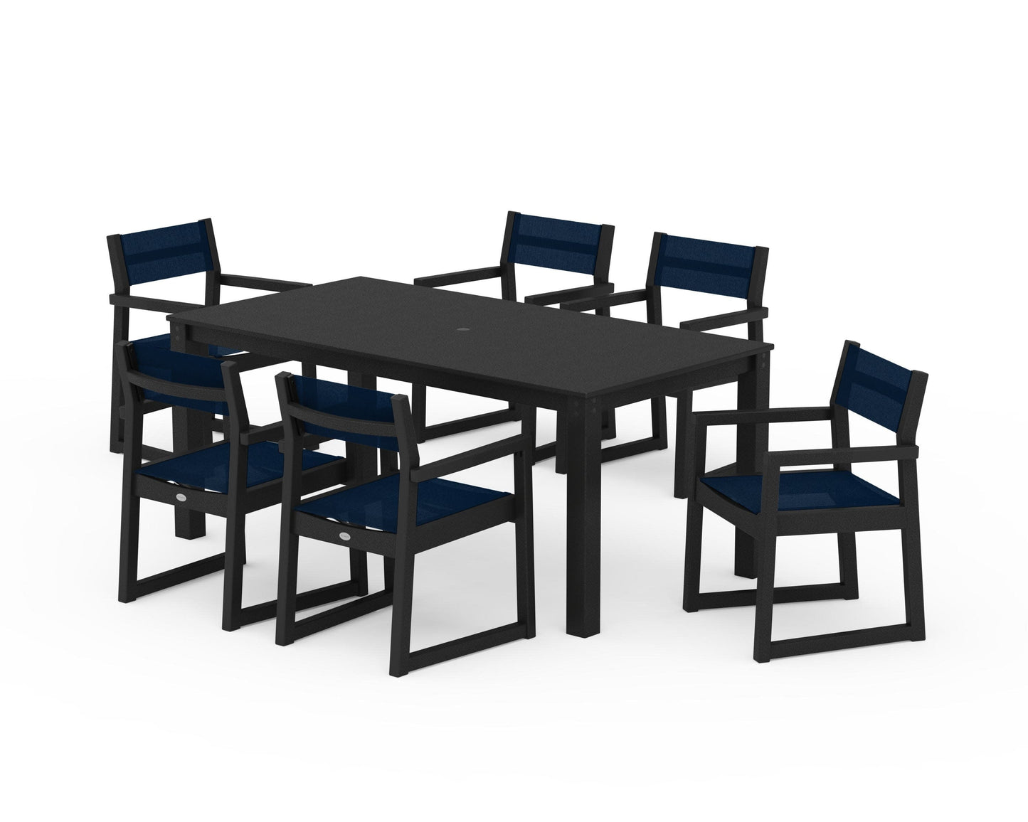 POLYWOOD EDGE Sling Arm Chair 7-Piece Parsons Dining Set — Black / Navy Blue Sling