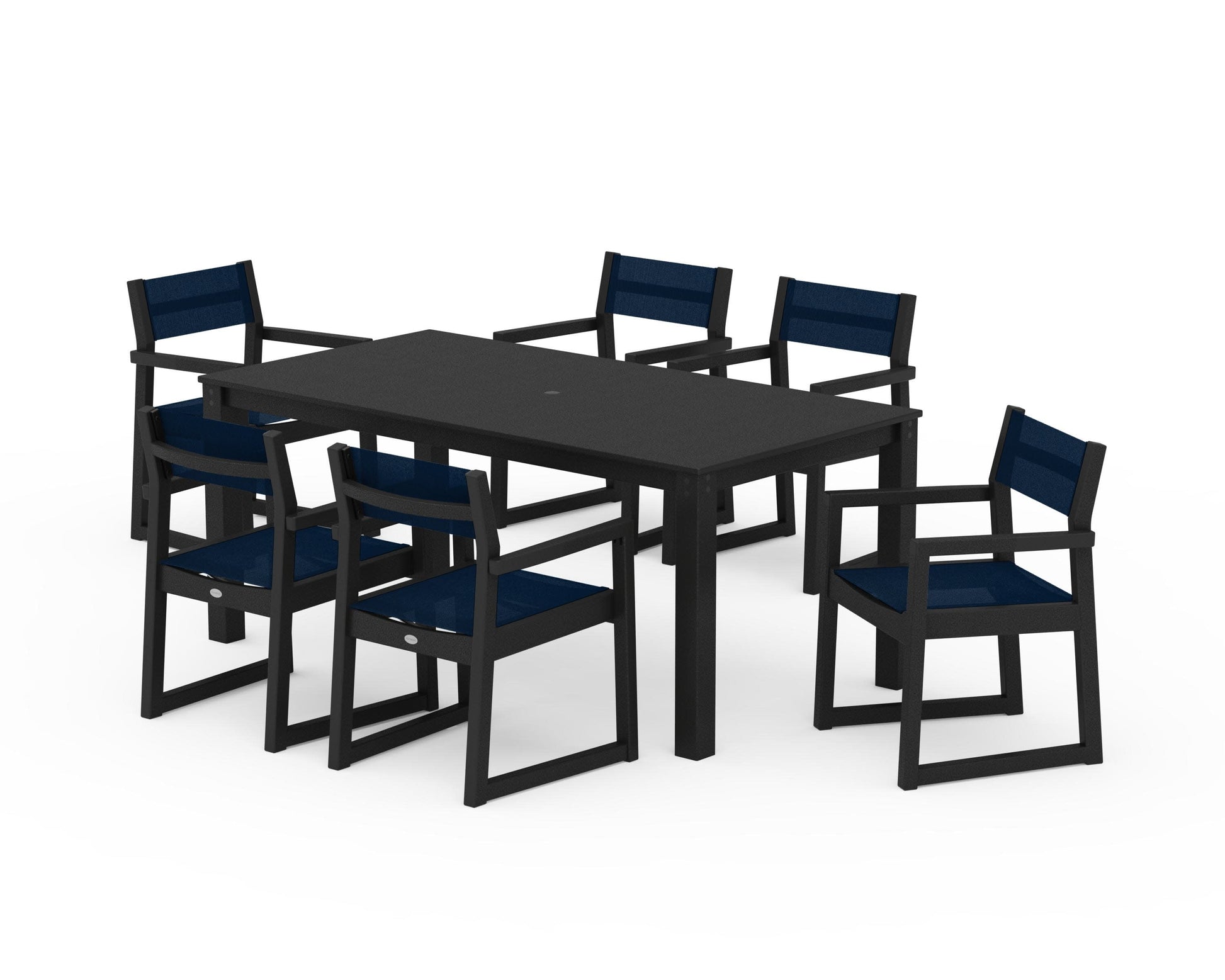 POLYWOOD EDGE Sling Arm Chair 7-Piece Parsons Dining Set — Black / Navy Blue Sling