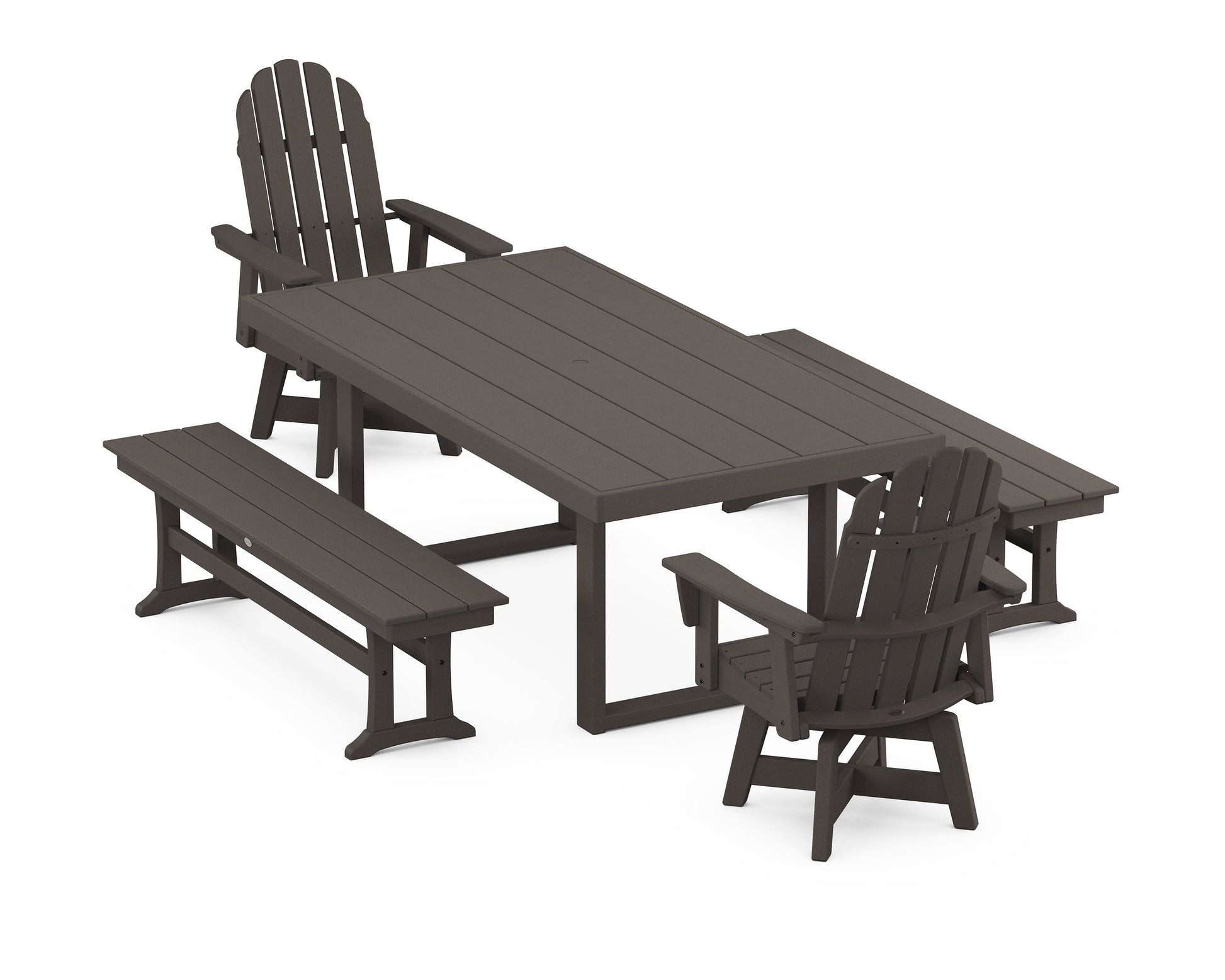 POLYWOOD Vineyard Curveback Adirondack Swivel Chair 5-Piece Dining Set with Benches — Vintage Coffee