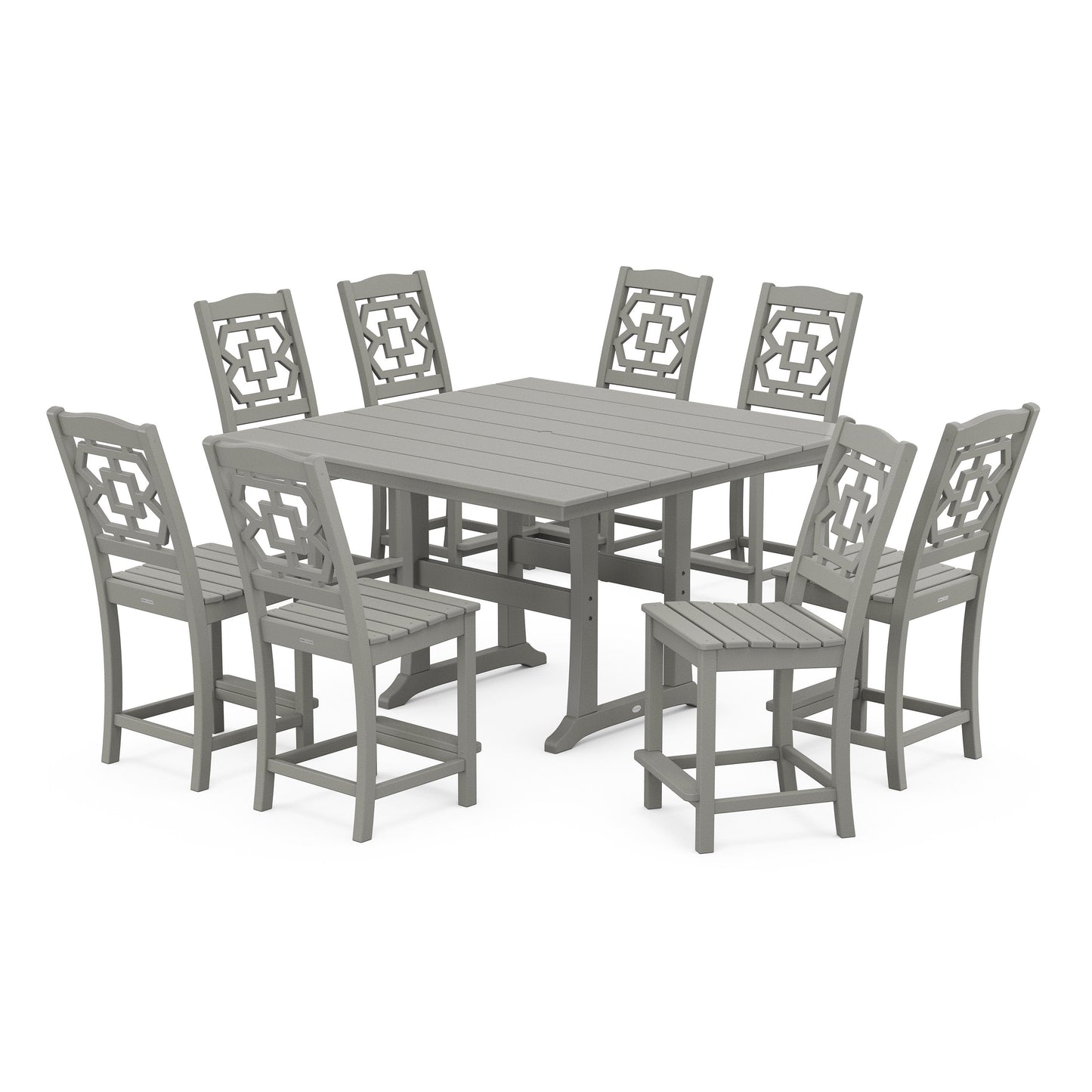 POLYWOOD Chinoiserie 9-Piece Square Farmhouse Side Chair Counter Set with Trestle Legs — Slate Grey