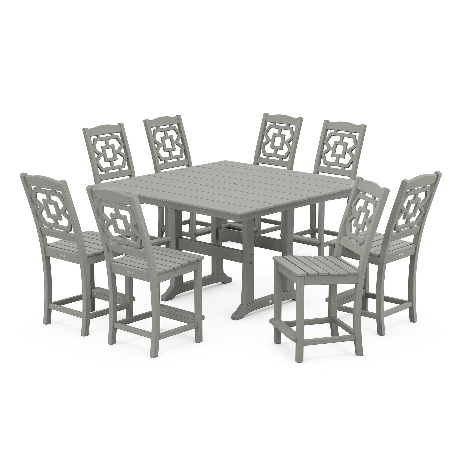 POLYWOOD Chinoiserie 9-Piece Square Farmhouse Side Chair Counter Set with Trestle Legs — Slate Grey