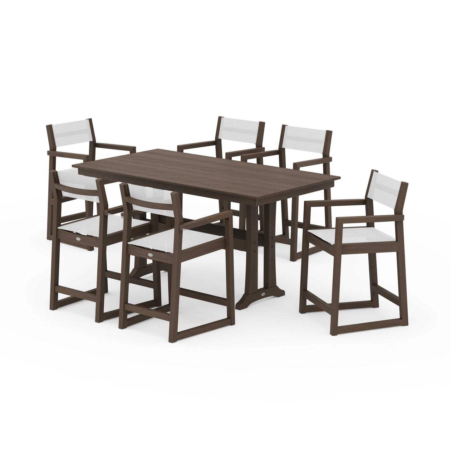 POLYWOOD EDGE Sling Arm Chair 7-Piece Farmhouse Counter Set with Trestle Legs — Kona / White Sling