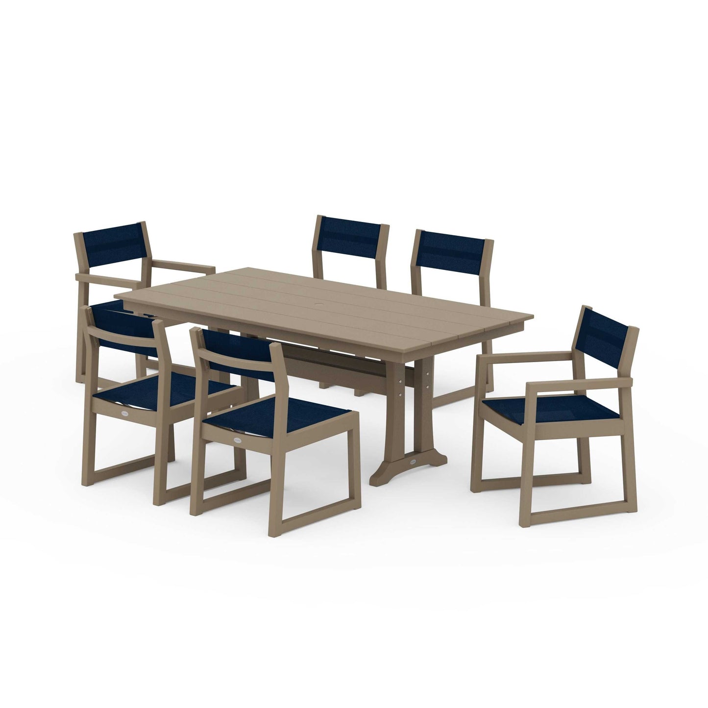 POLYWOOD EDGE Sling 7-Piece Farmhouse Trestle Dining Set — Vintage Sahara / Navy Blue Sling
