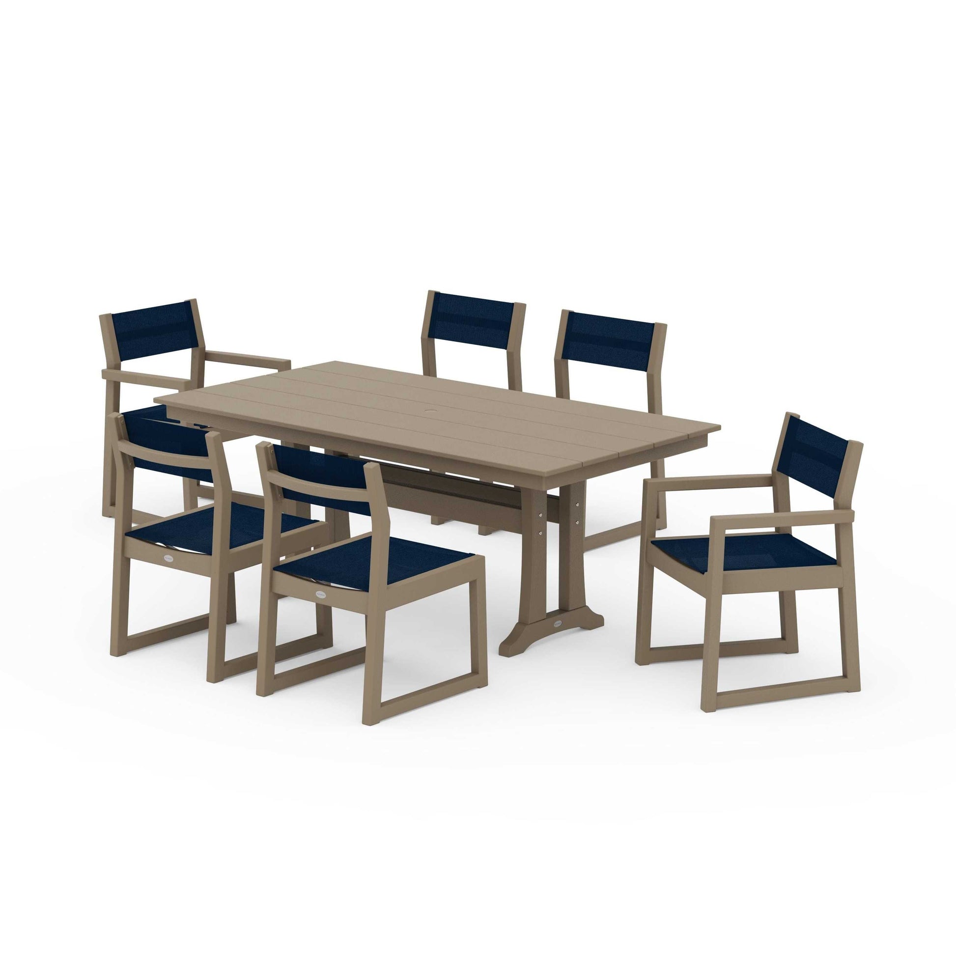 POLYWOOD EDGE Sling 7-Piece Farmhouse Trestle Dining Set — Vintage Sahara / Navy Blue Sling