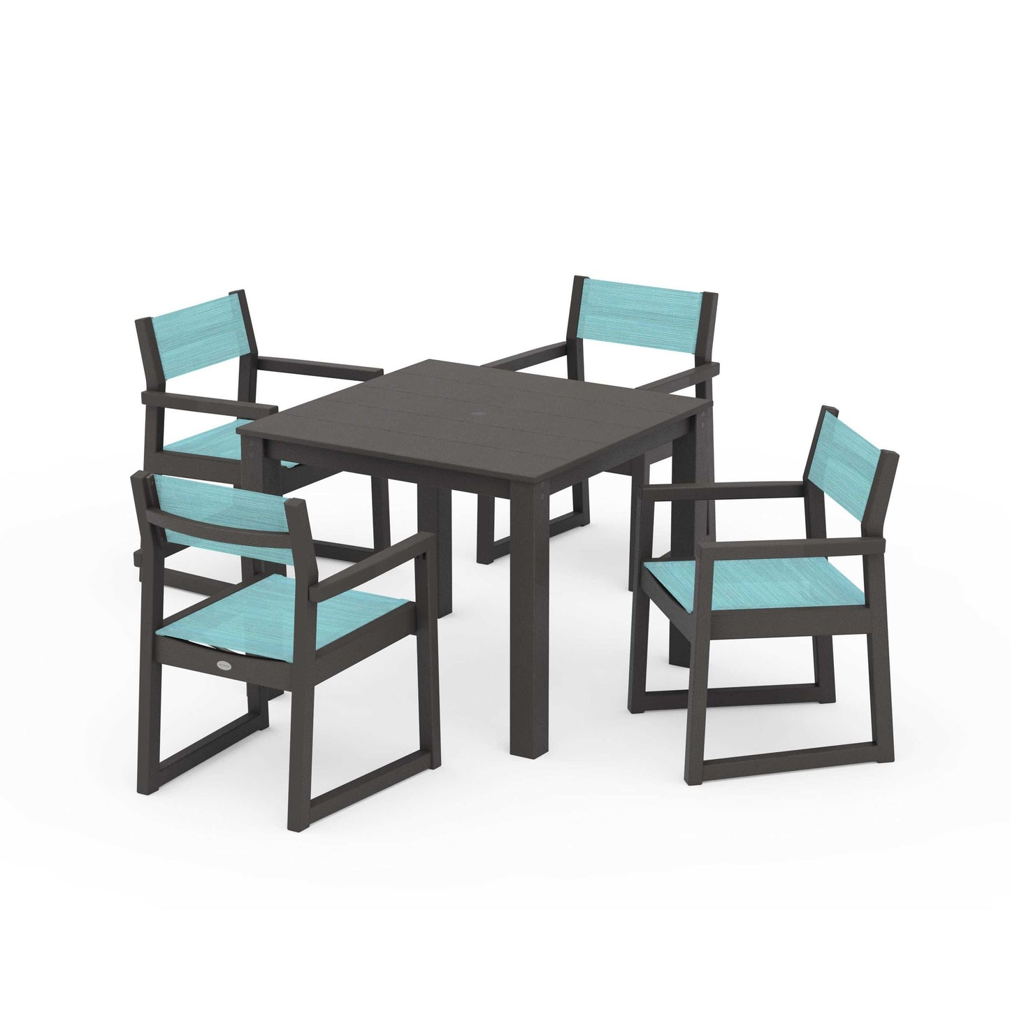 POLYWOOD EDGE Sling Arm Chair 5-Piece Parsons Dining Set — Vintage Coffee / Dupioni Aquamarine Sling