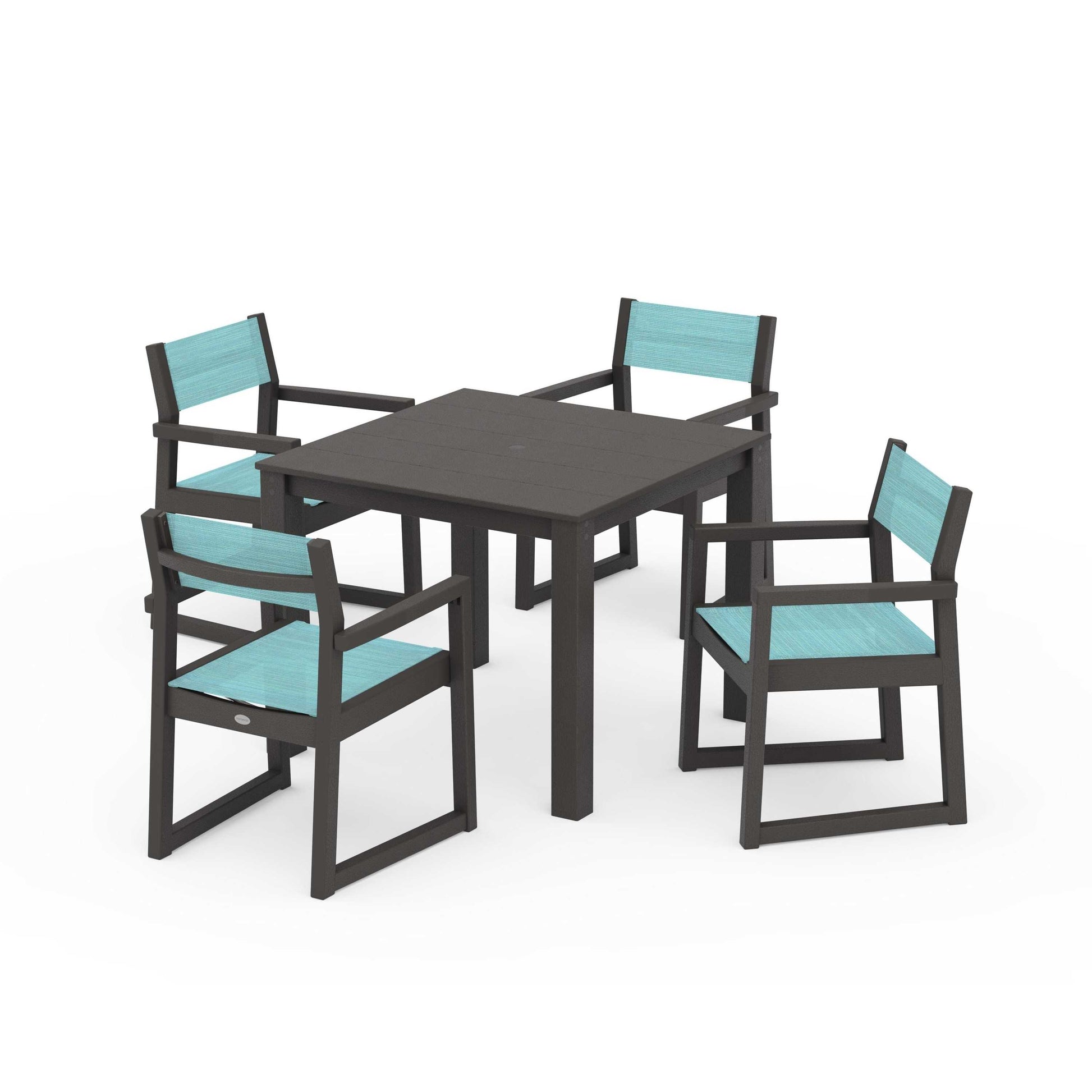 POLYWOOD EDGE Sling Arm Chair 5-Piece Parsons Dining Set — Vintage Coffee / Dupioni Aquamarine Sling