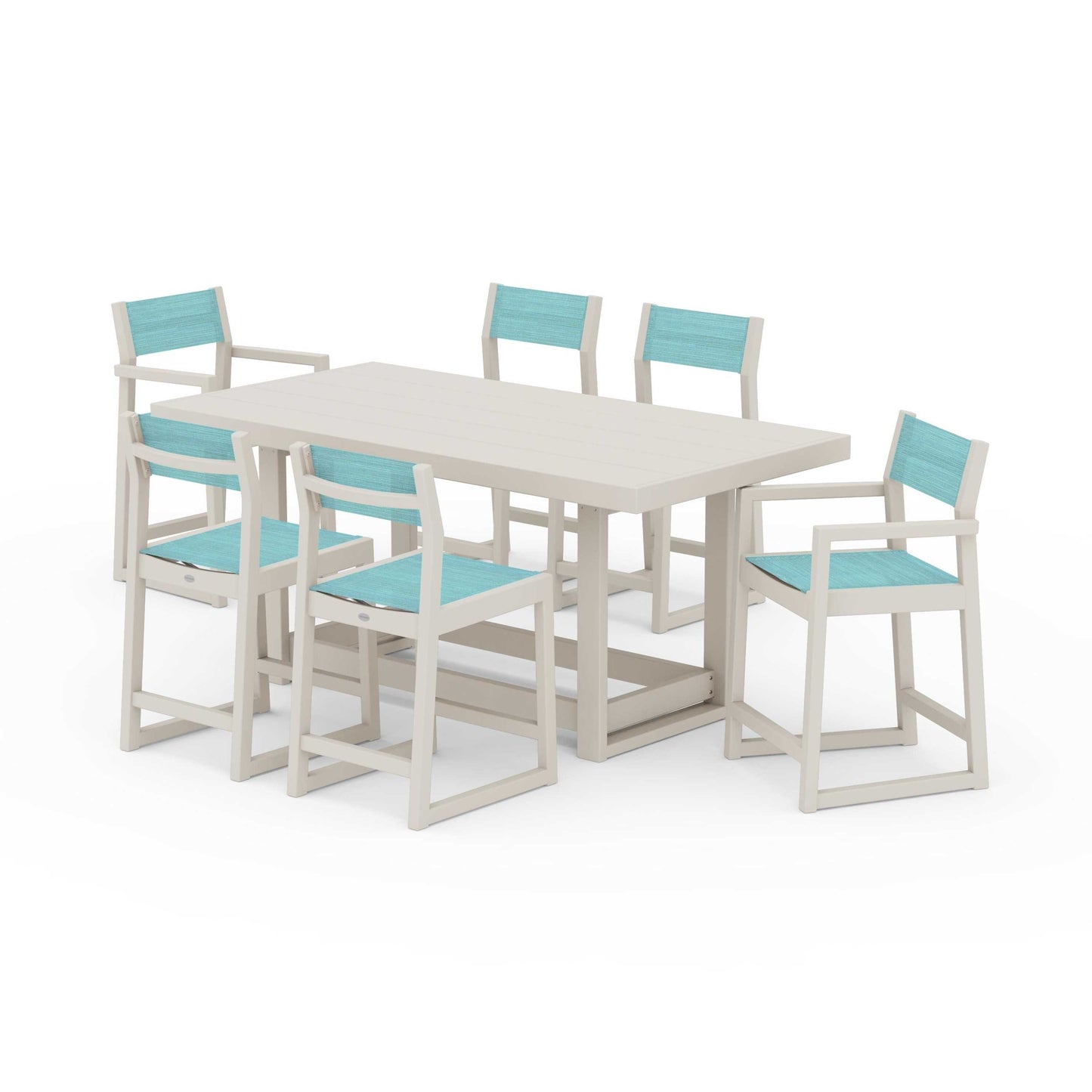 POLYWOOD EDGE Sling 7-Piece Counter Table Set — Sand / Dupioni Aquamarine Sling