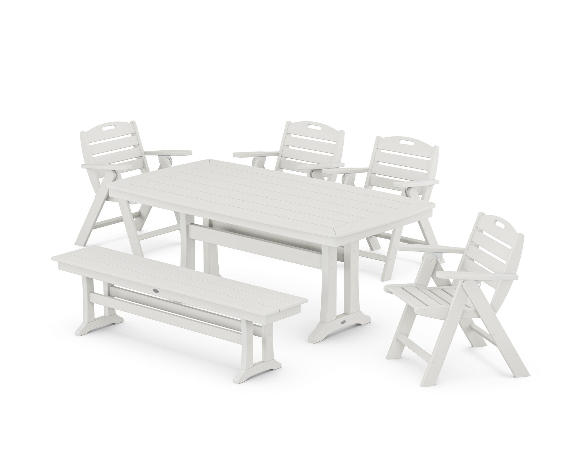 POLYWOOD Nautical Lowback 6-Piece Dining Set with Trestle Legs and Bench — Vintage White