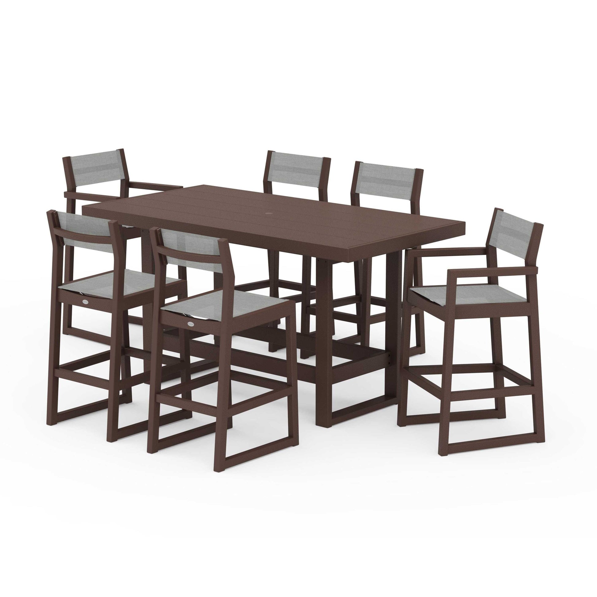 POLYWOOD EDGE Sling 7-Piece Bar Table Set — Mahogany / Metallic Sling