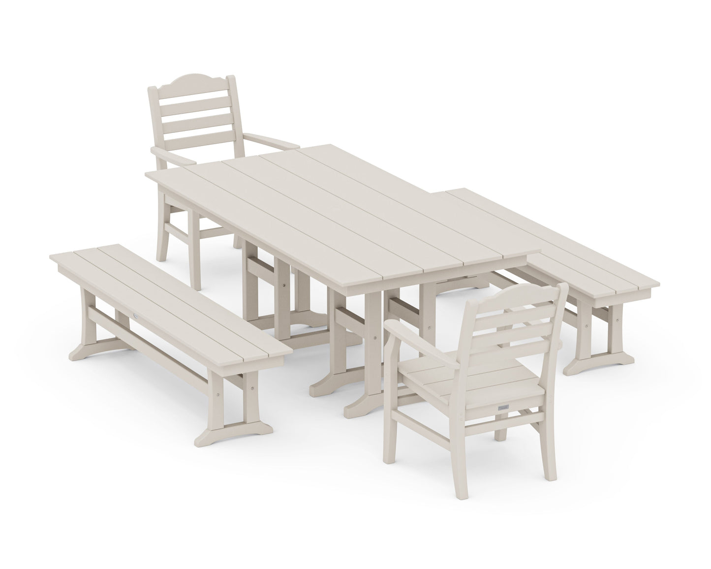 POLYWOOD Savannah 5-Piece Farmhouse Dining Set with Benches — Sand