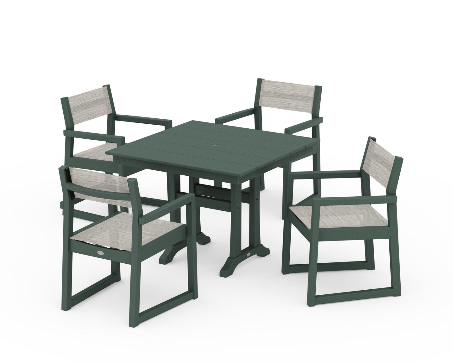 POLYWOOD EDGE Sling 5-Piece Farmhouse Dining Set with Trestle Legs — Green / Birch Sling