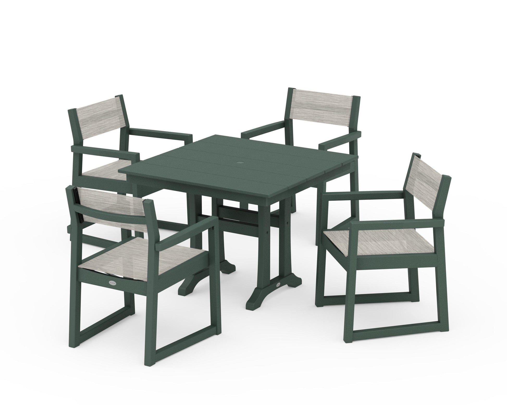 POLYWOOD EDGE Sling 5-Piece Farmhouse Dining Set with Trestle Legs — Green / Birch Sling