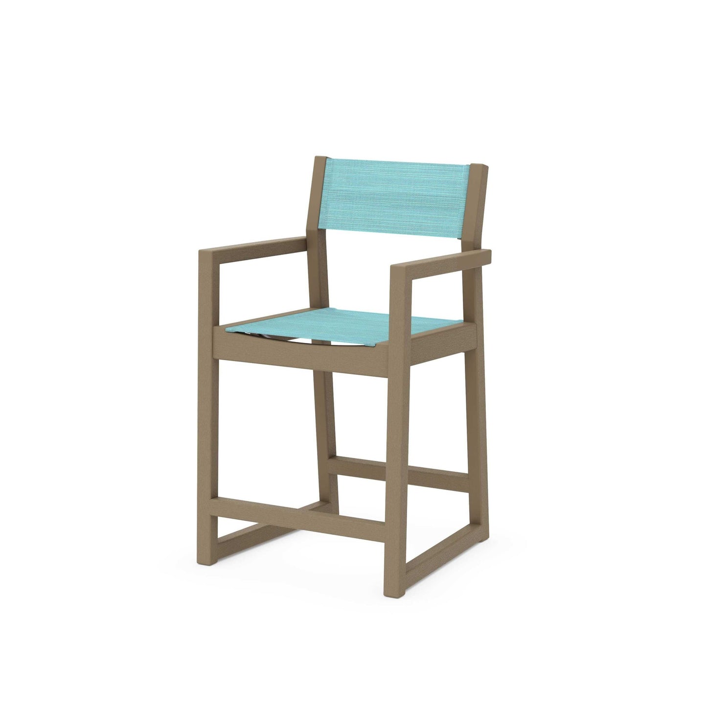 POLYWOOD EDGE Sling Counter Arm Chair — Vintage Sahara / Dupioni Aquamarine Sling