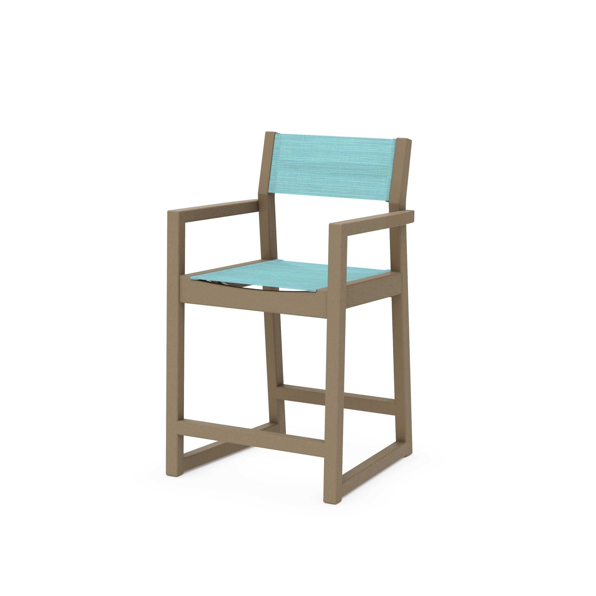 POLYWOOD EDGE Sling Counter Arm Chair — Vintage Sahara / Dupioni Aquamarine Sling