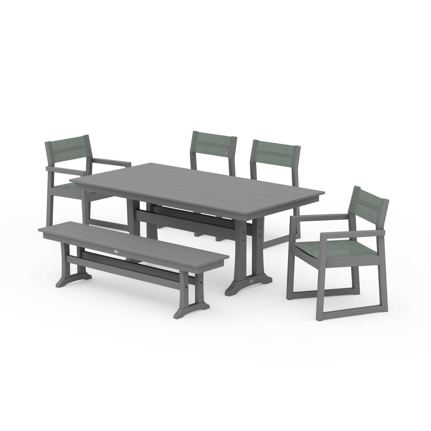 POLYWOOD EDGE Sling 6-Piece Farmhouse Dining Set With Trestle Legs — Slate Grey / Dupioni Sea Mist Sling