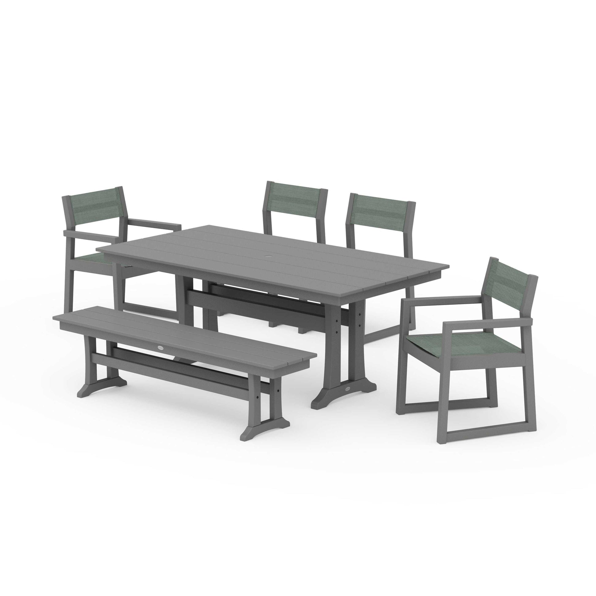 POLYWOOD EDGE Sling 6-Piece Farmhouse Dining Set With Trestle Legs — Slate Grey / Dupioni Sea Mist Sling