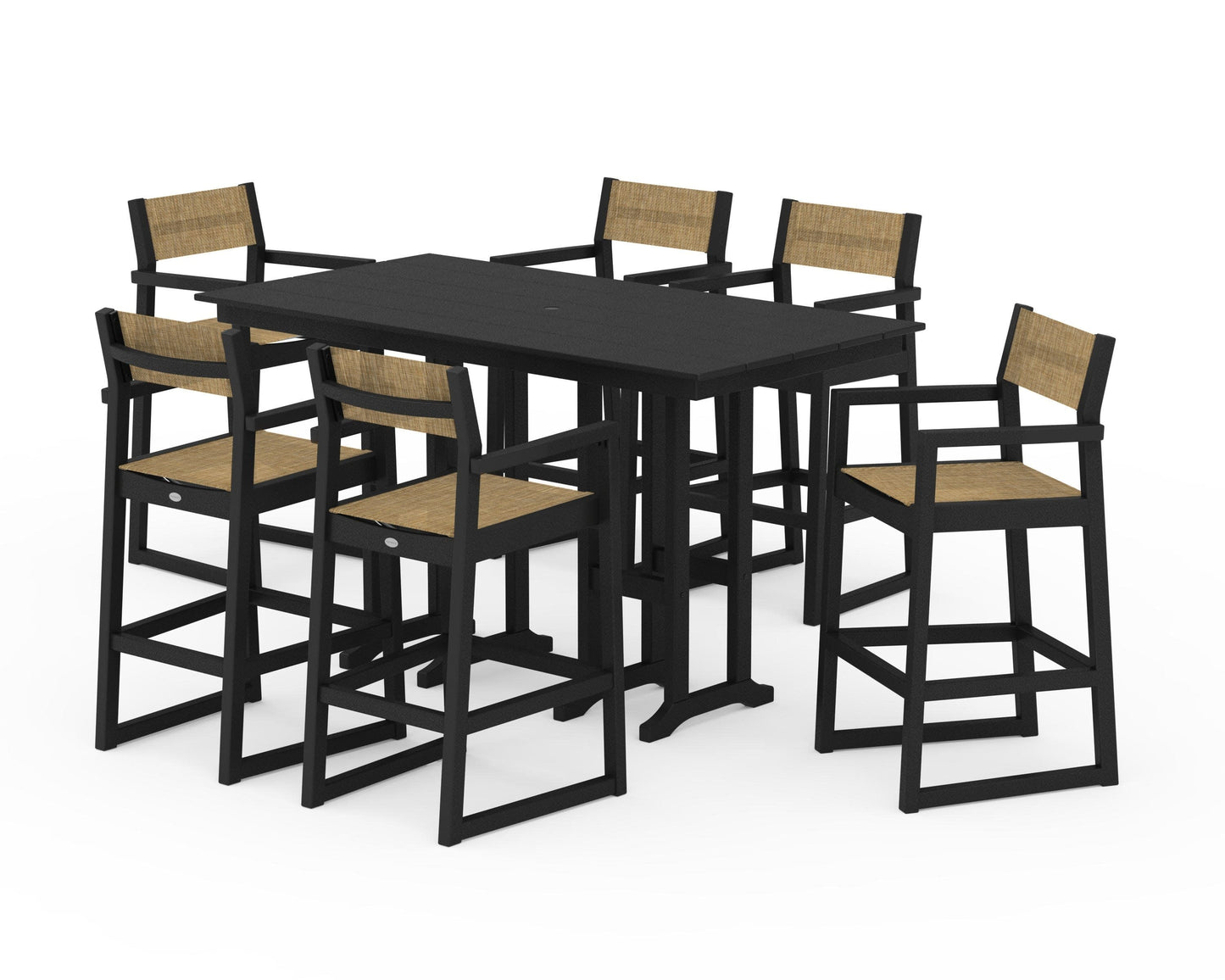 POLYWOOD EDGE Sling Arm Chair 7-Piece Farmhouse Bar Set — Black / Burlap Sling