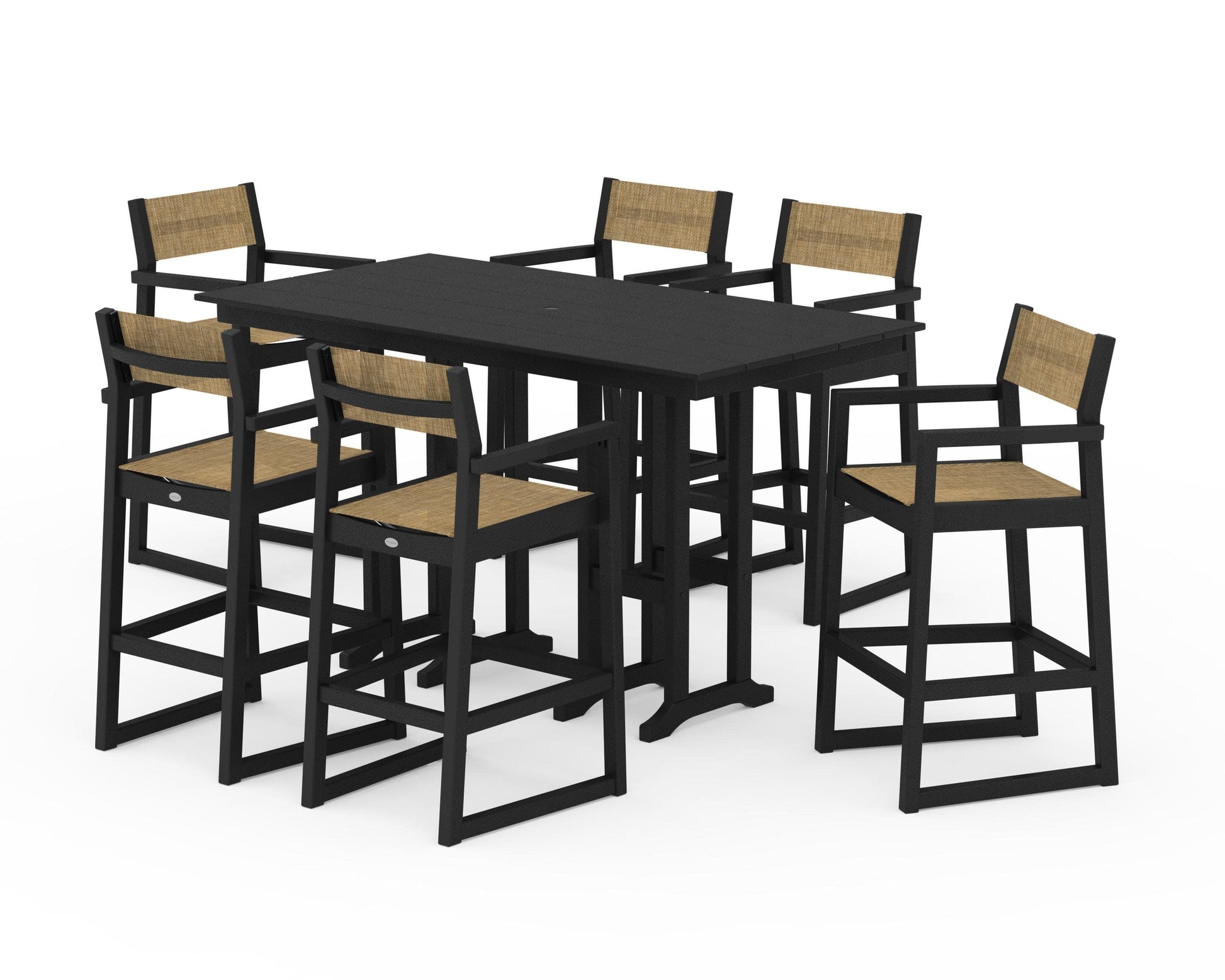 POLYWOOD EDGE Sling Arm Chair 7-Piece Farmhouse Bar Set — Black / Burlap Sling
