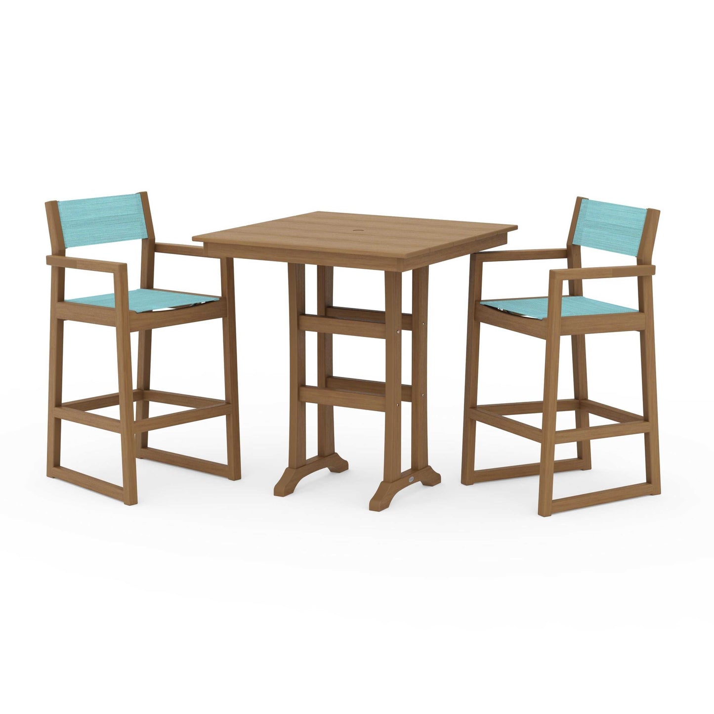 POLYWOOD EDGE Sling Arm Chair 3-Piece Farmhouse Bar Set with Trestle Legs — Natural / Dupioni Aquamarine Sling