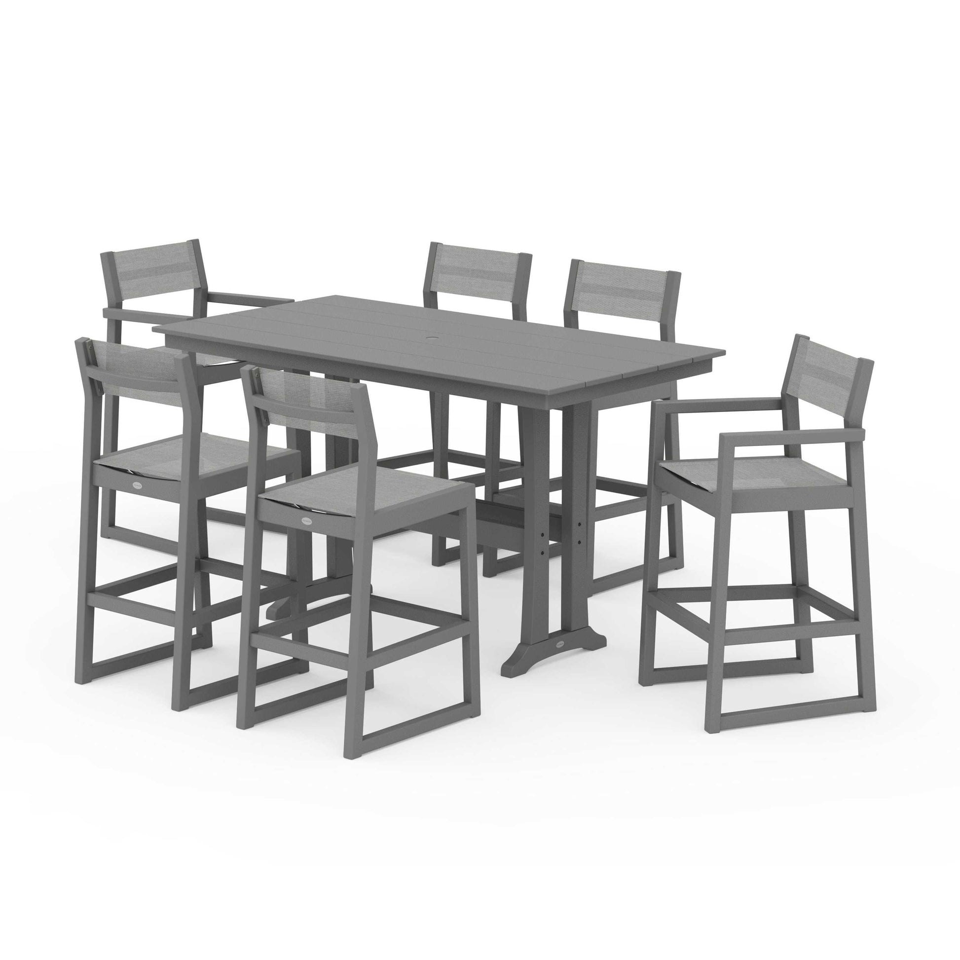POLYWOOD EDGE Sling 7-Piece Farmhouse Bar Set with Trestle Legs — Slate Grey / Metallic Sling