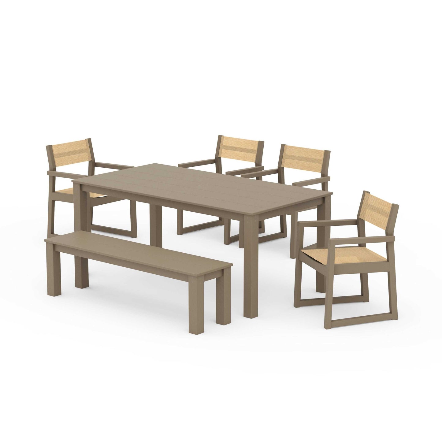 POLYWOOD EDGE Sling Arm Chair 6-Piece Parsons Dining Set with Bench — Vintage Sahara / Dupioni Apricot Sling