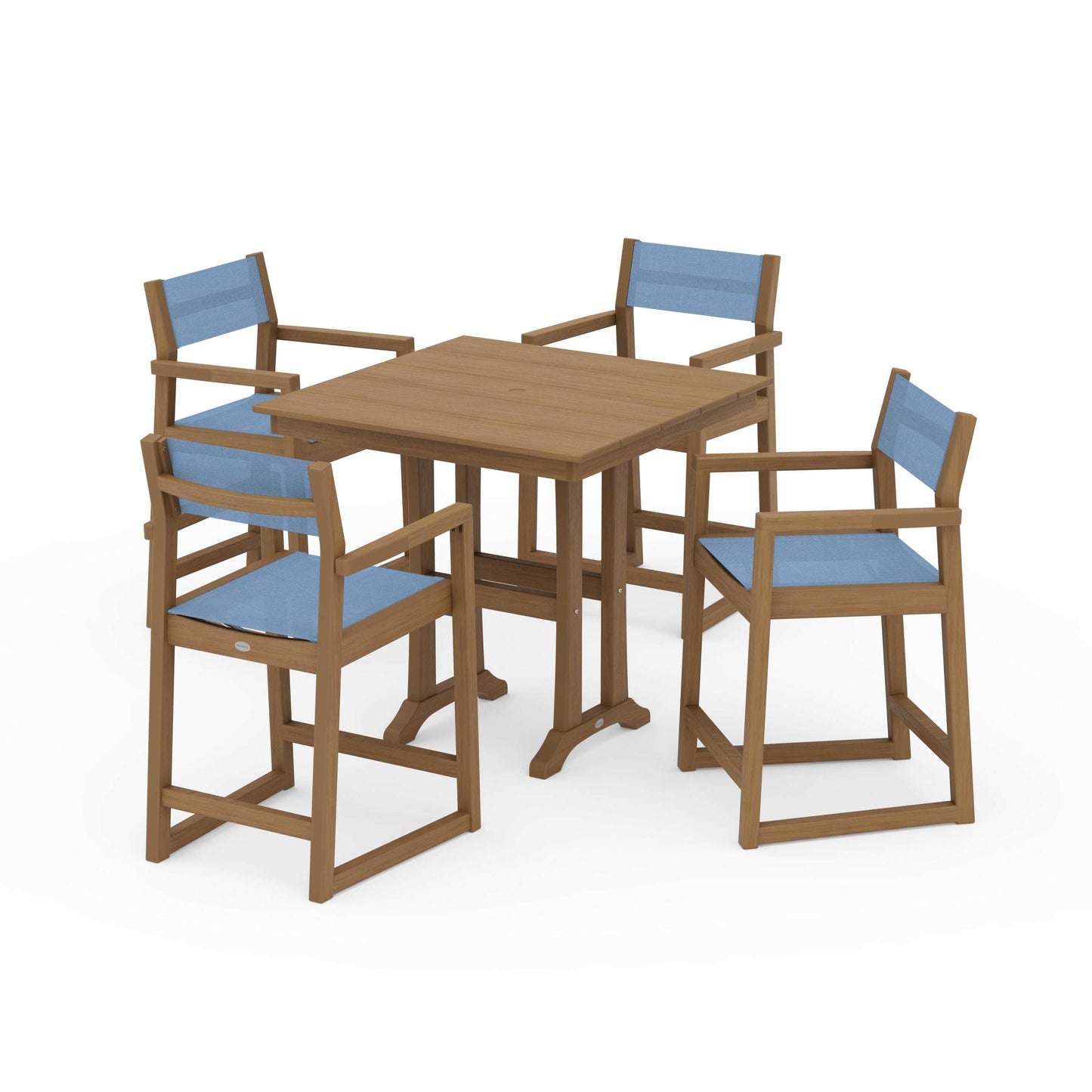 POLYWOOD EDGE Sling Arm Chair 5-Piece Farmhouse Counter Set with Trestle Legs — Natural / Poolside Sling