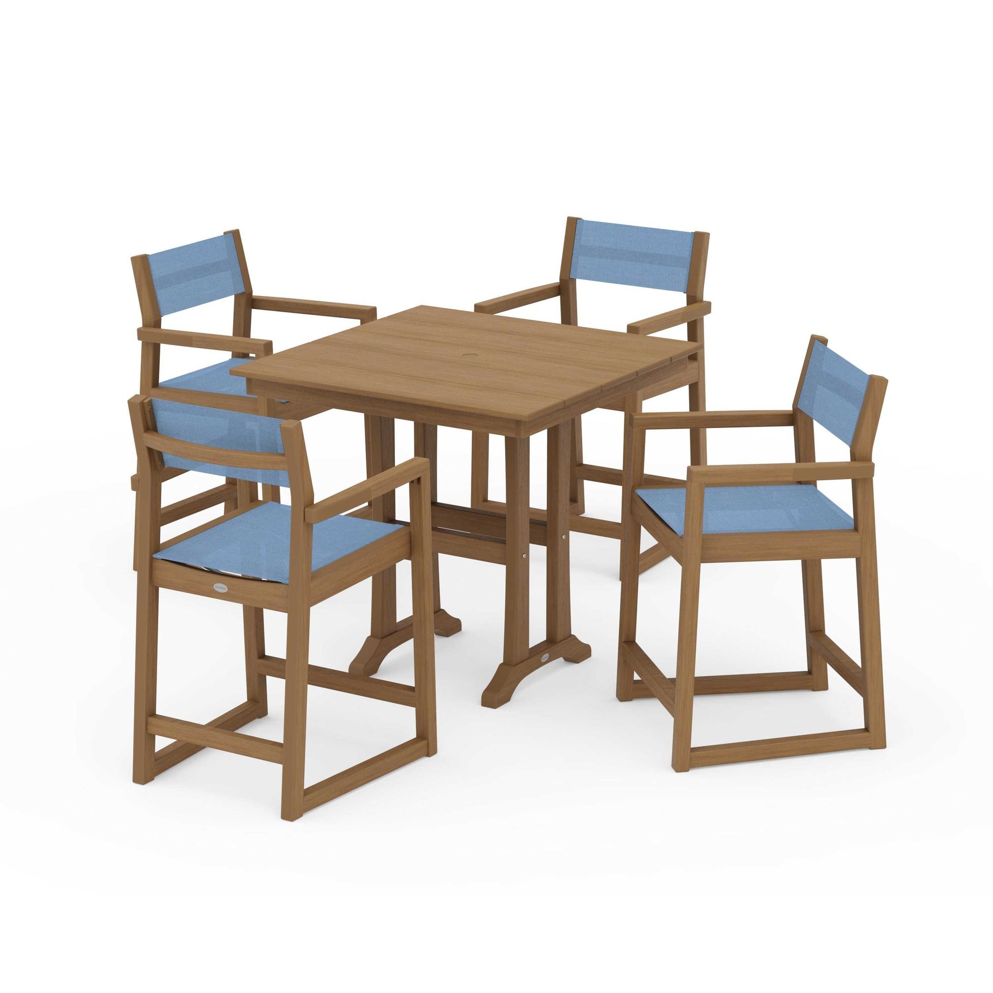 POLYWOOD EDGE Sling Arm Chair 5-Piece Farmhouse Counter Set with Trestle Legs — Natural / Poolside Sling