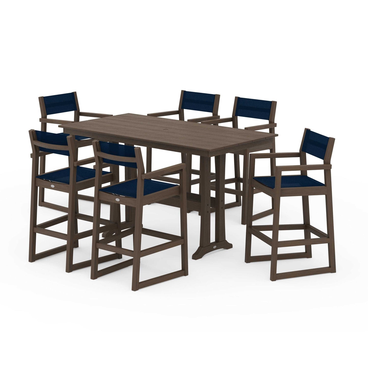 POLYWOOD EDGE Sling Arm Chair 7-Piece Farmhouse Bar Set with Trestle Legs — Kona / Navy Blue Sling